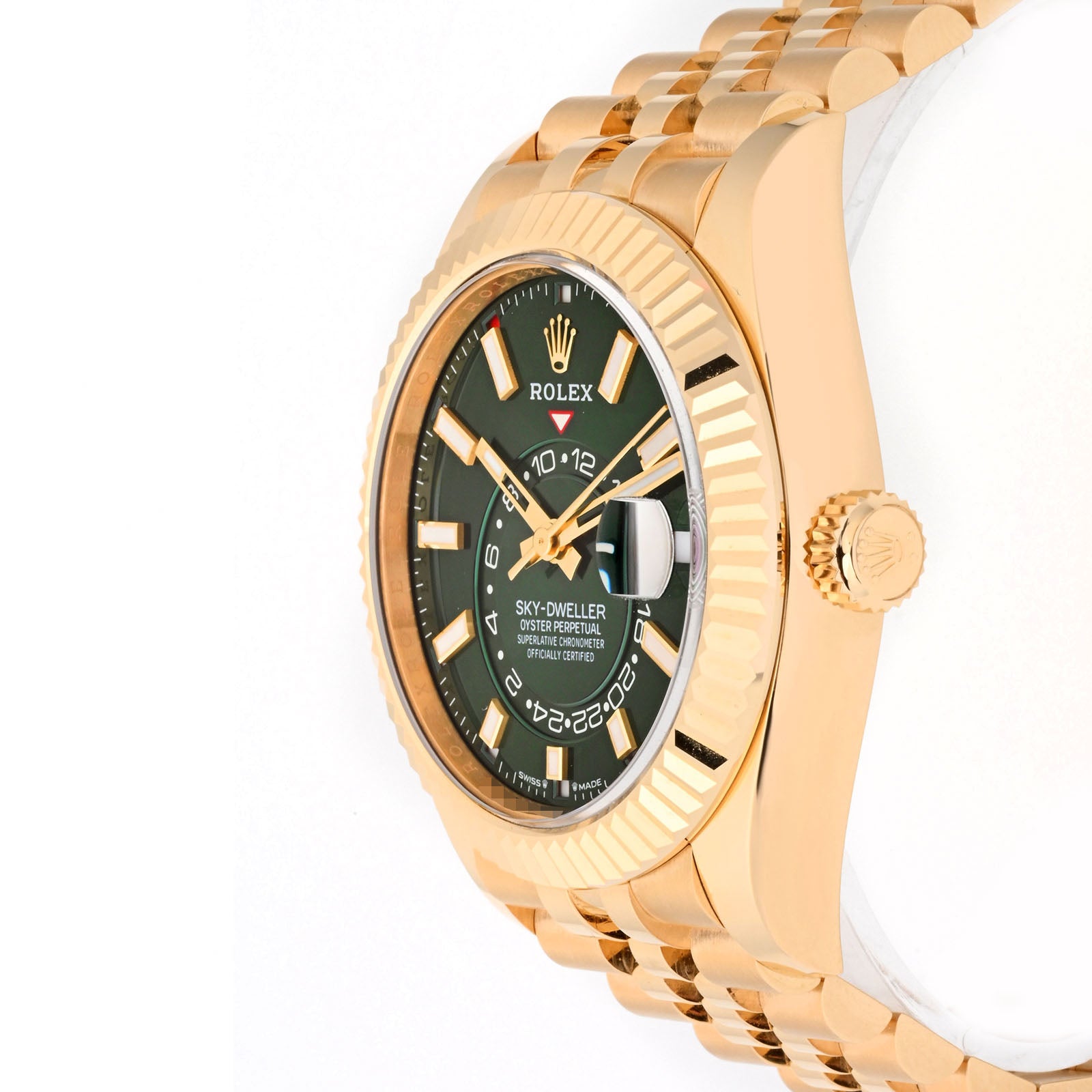 ROLEX SKY-DWELLER YELLOW GOLD 42MM 336938 | GREEN STICK | FLUTED BEZEL | JUBILEE BAND
