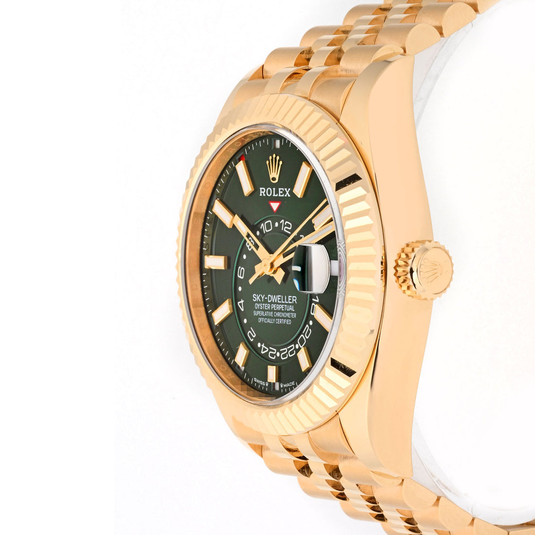 ROLEX SKY-DWELLER YELLOW GOLD 42MM 336938 | GREEN STICK | FLUTED BEZEL | JUBILEE BAND