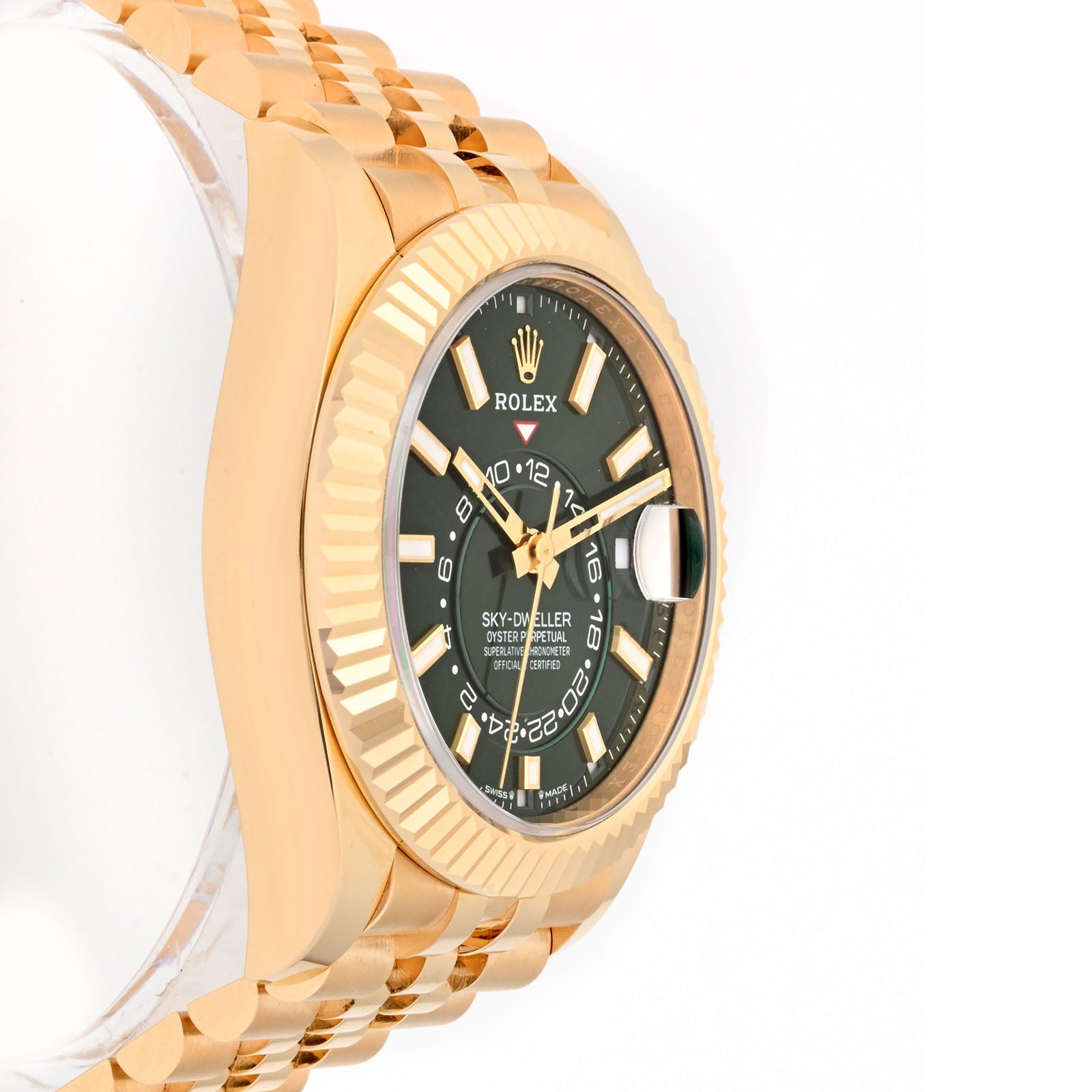 ROLEX SKY-DWELLER YELLOW GOLD 42MM 336938 | GREEN STICK | FLUTED BEZEL | JUBILEE BAND