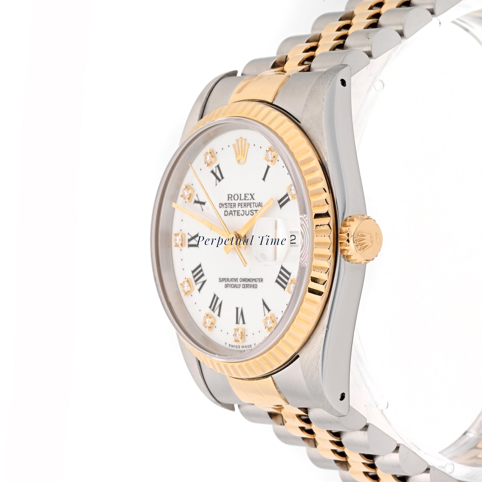 Rolex Datejust 36 White Roman w diamond track Dial on Jubilee band 16013G Papers 1989