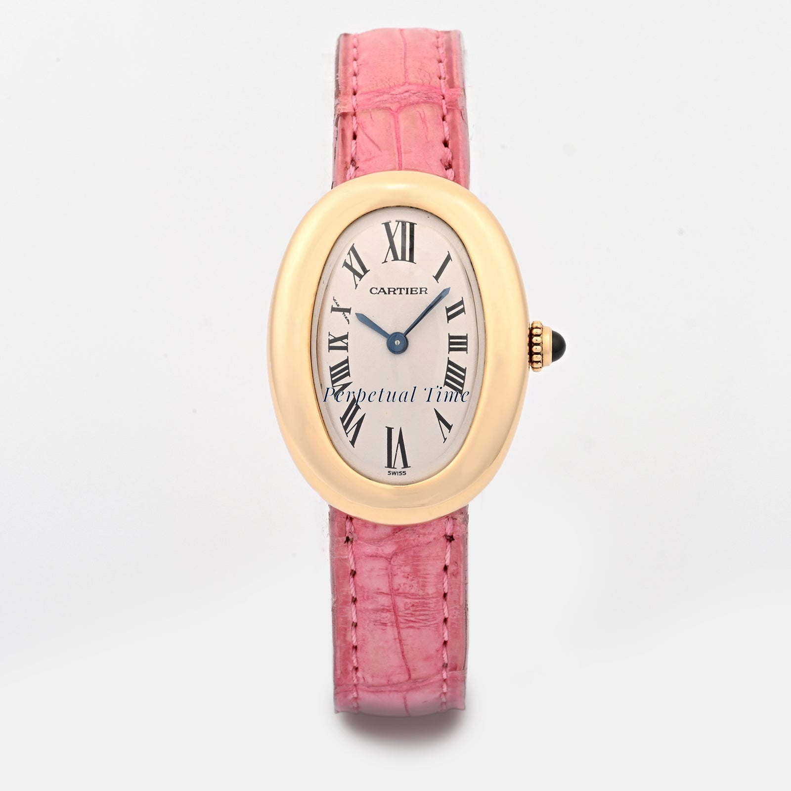 Cartier Baignoire Ivory roman Dial on Pink Leather w deployment Buckle band W1500551