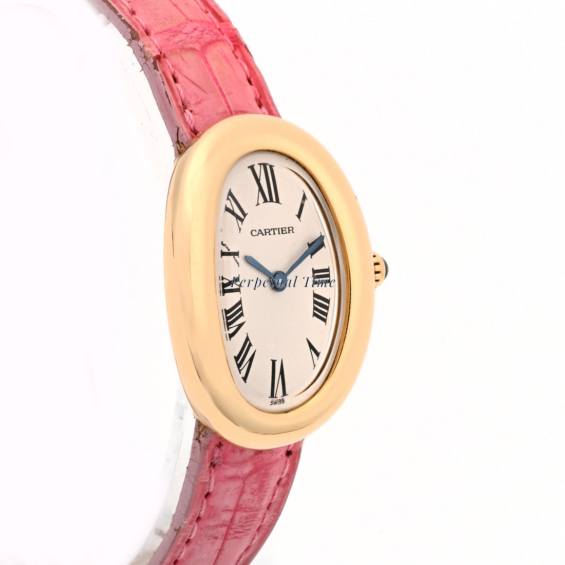 Cartier Baignoire Ivory roman Dial on Pink Leather w deployment Buckle band W1500551