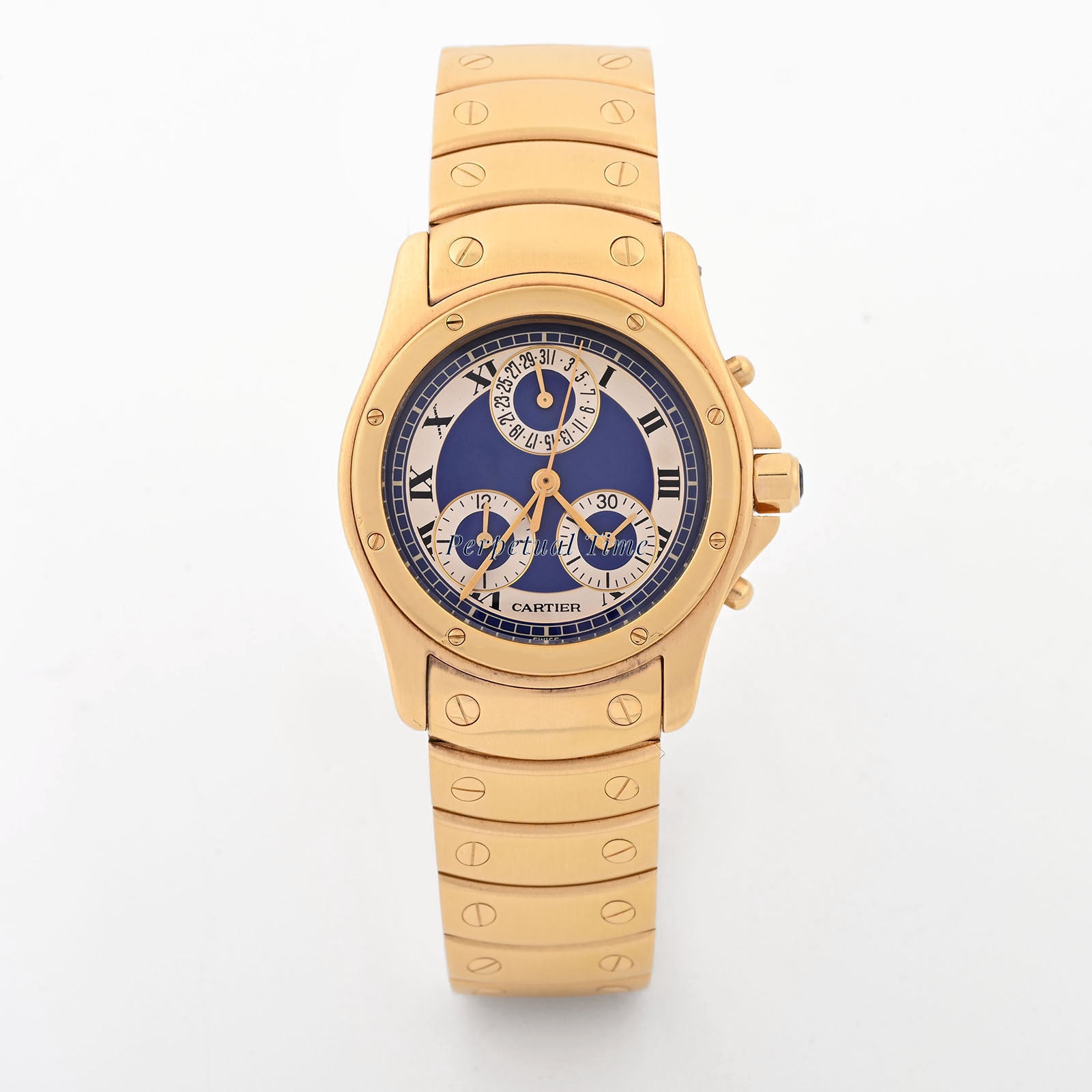 Cartier Santos Ronde Chrono Blue & white Roman Dial on Gold Bracelet band W15078G1 Service Card