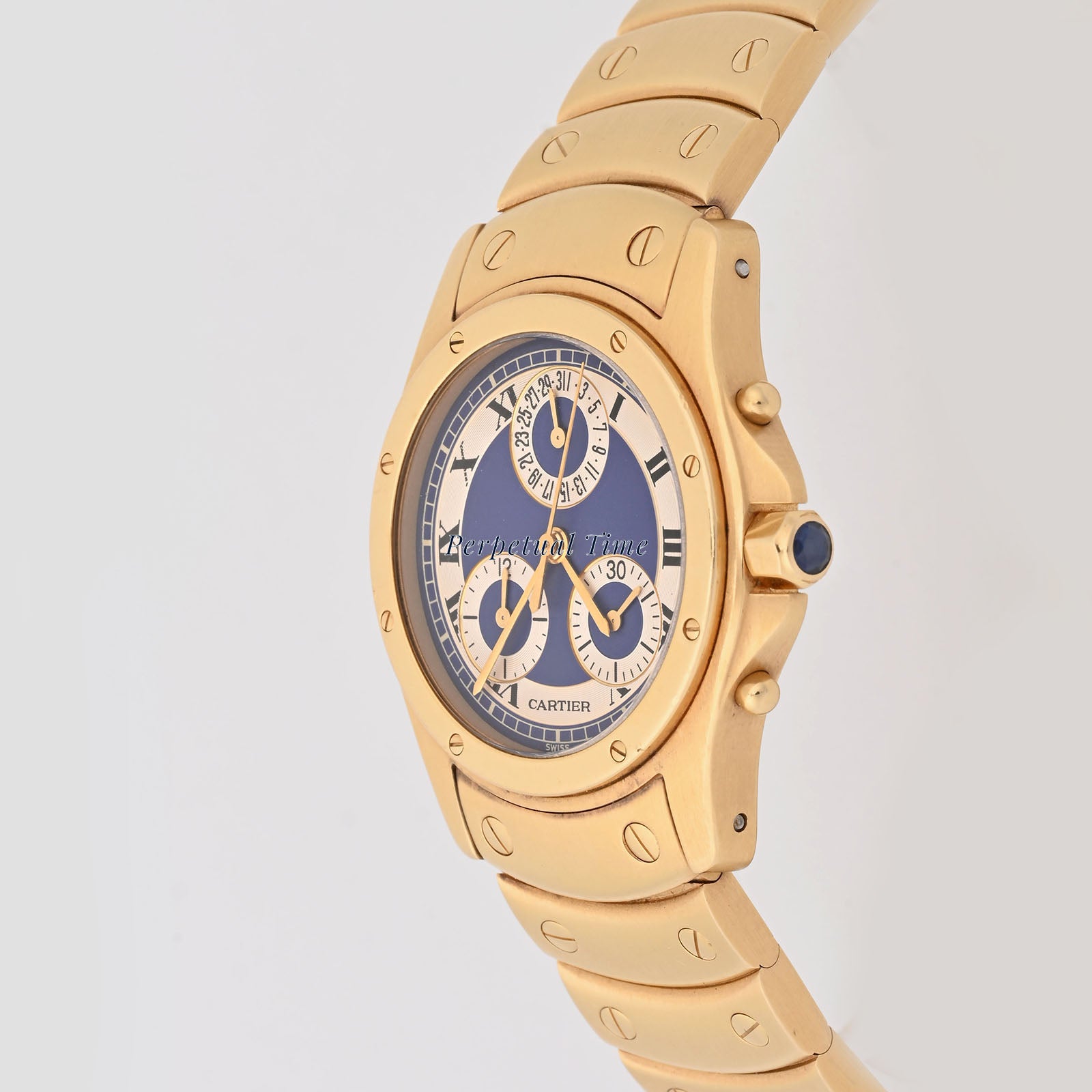 Cartier Santos Ronde Chrono Blue & white Roman Dial on Gold Bracelet band W15078G1 Service Card