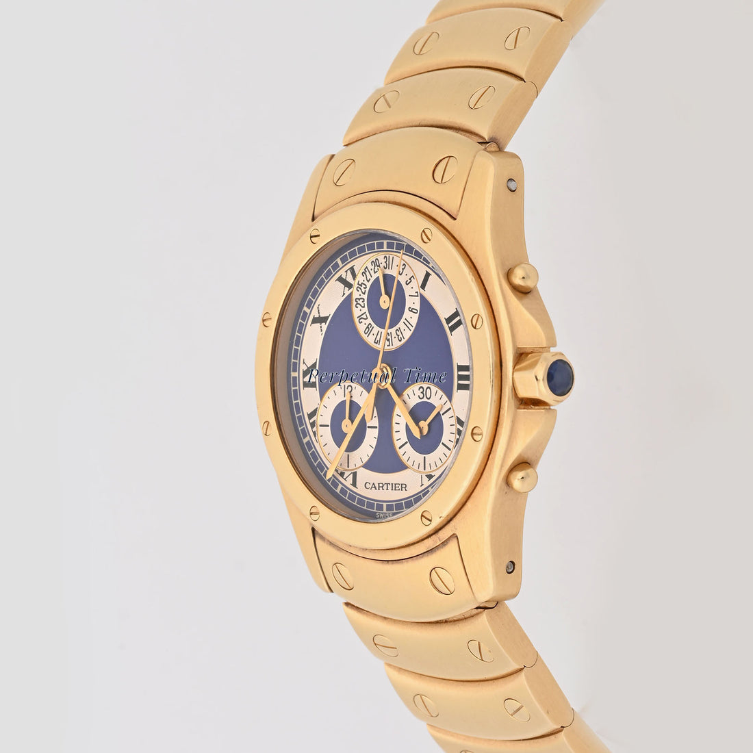 Cartier Santos Ronde Chrono Blue & white Roman Dial on Gold Bracelet band W15078G1 Service Card