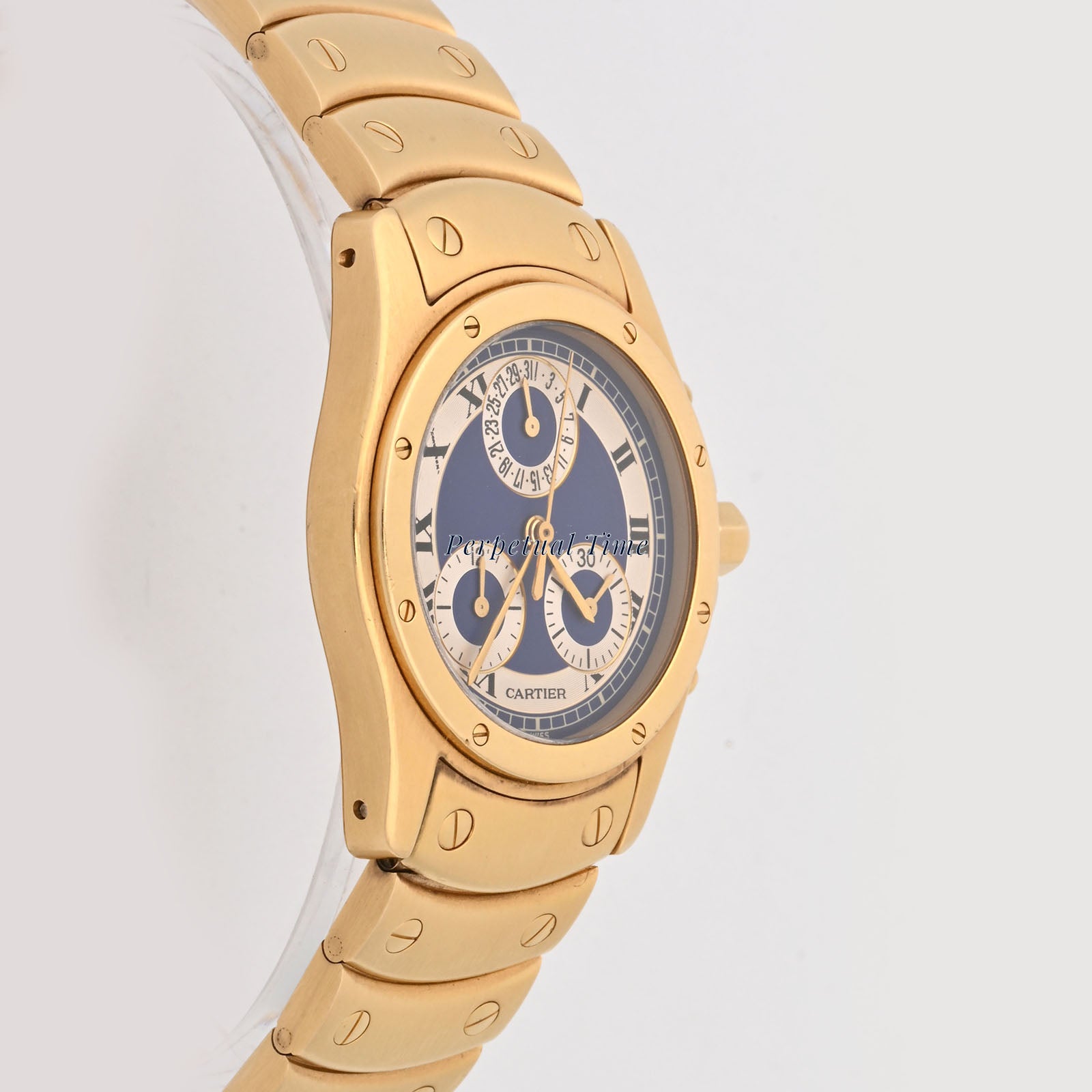 Cartier Santos Ronde Chrono Blue & white Roman Dial on Gold Bracelet band W15078G1 Service Card