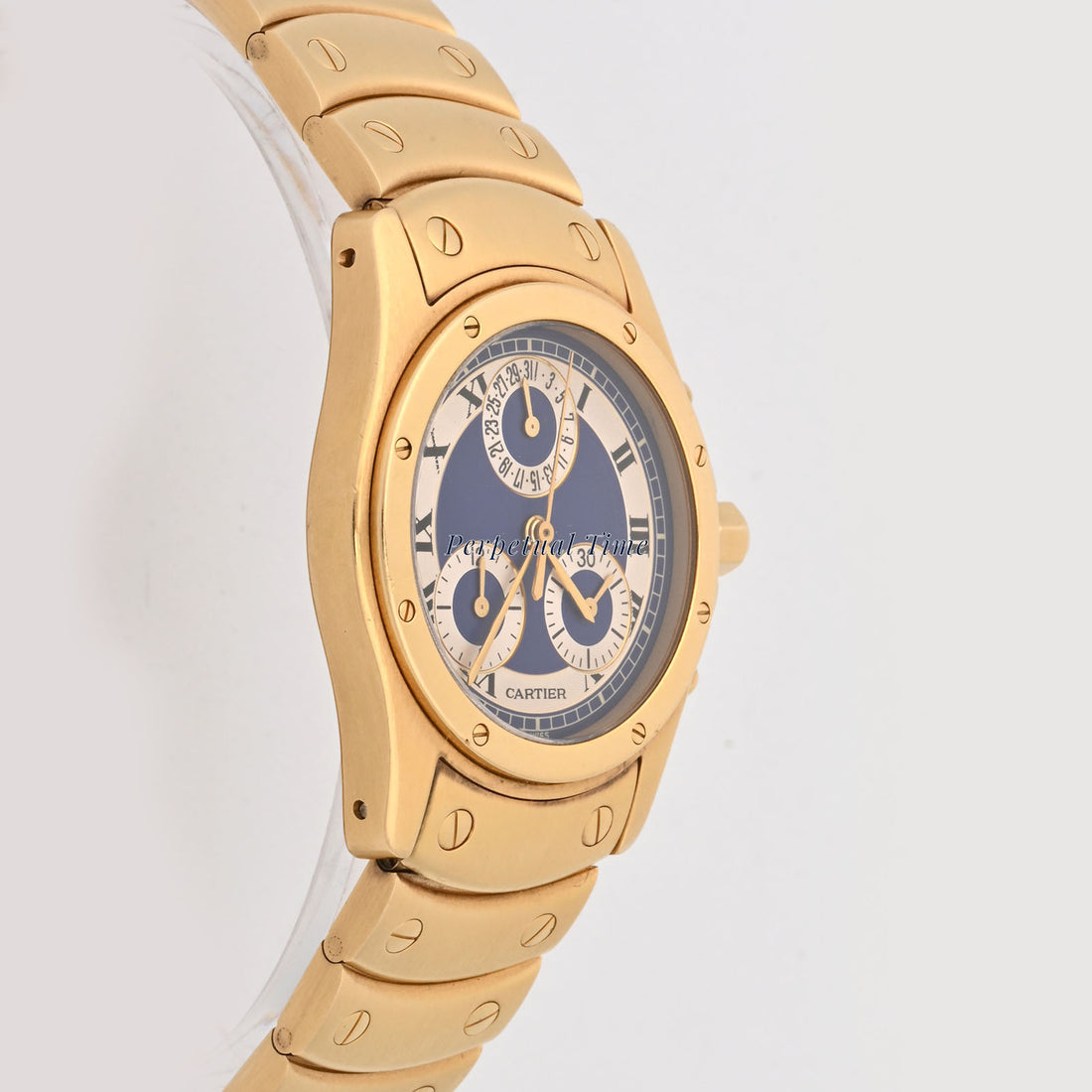 Cartier Santos Ronde Chrono Blue & white Roman Dial on Gold Bracelet band W15078G1 Service Card