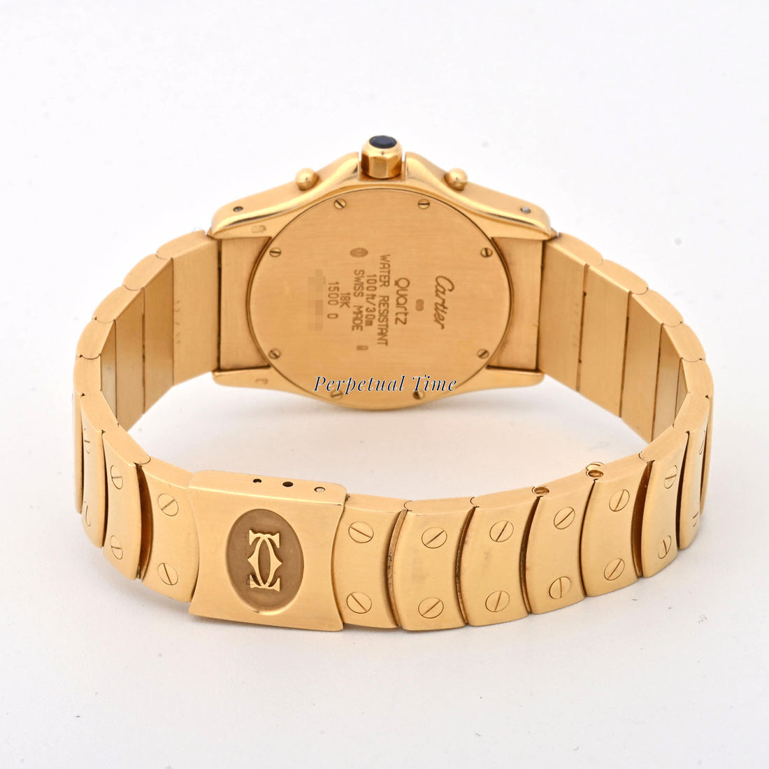 Cartier Santos Ronde Chrono Blue & white Roman Dial on Gold Bracelet band W15078G1 Service Card