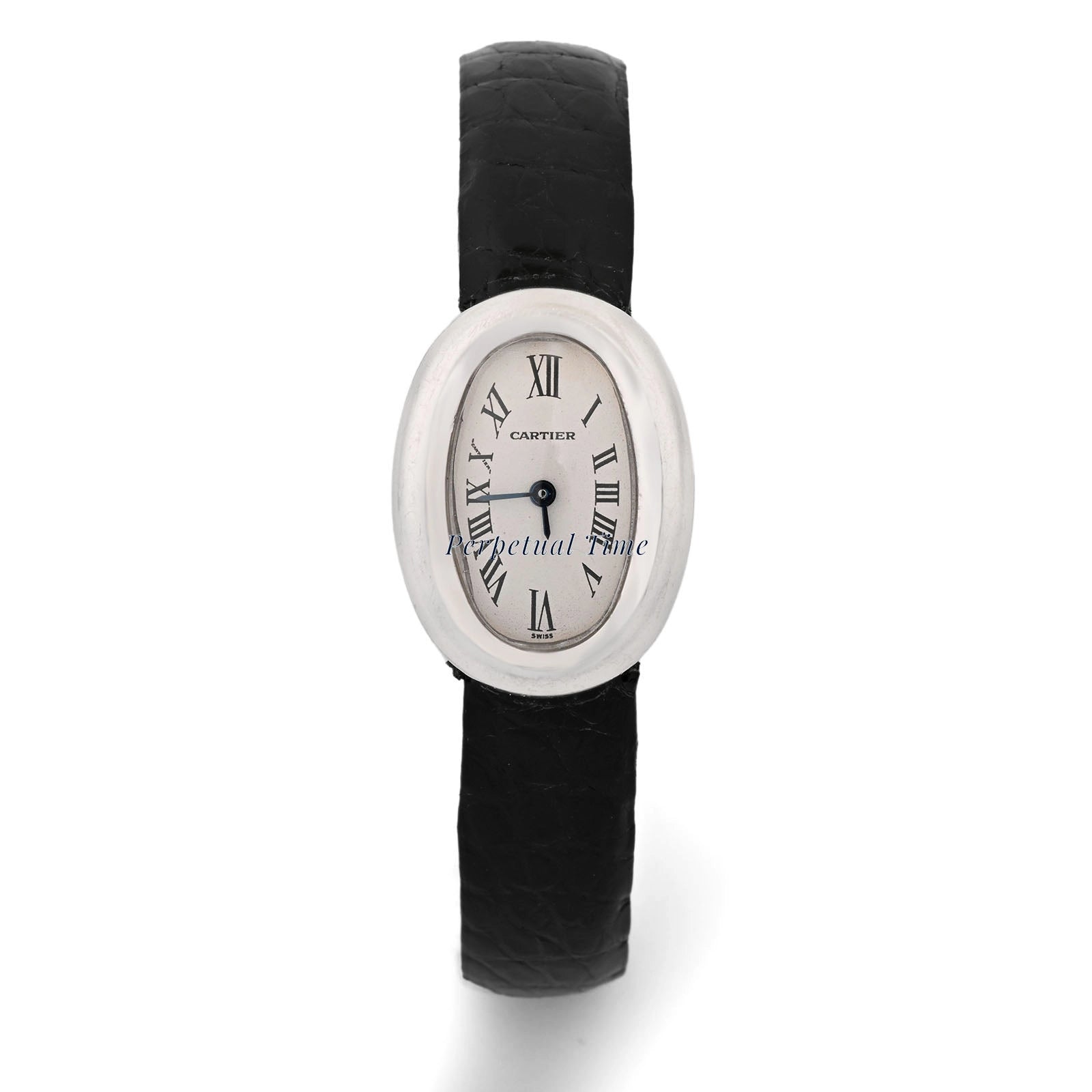 Cartier Baignoire Mini White Roman Dial on Black leather w1518956