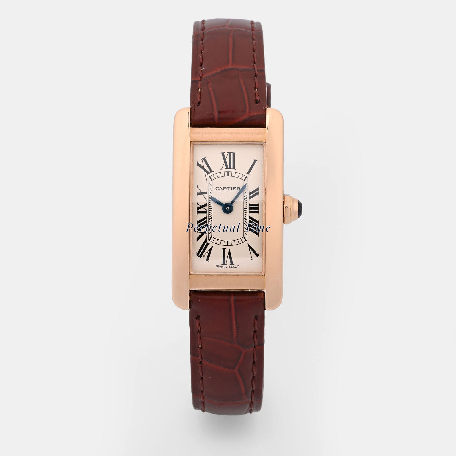 Cartier Tank Americaine Silver Roman Dial on Leather Strap band W2607456