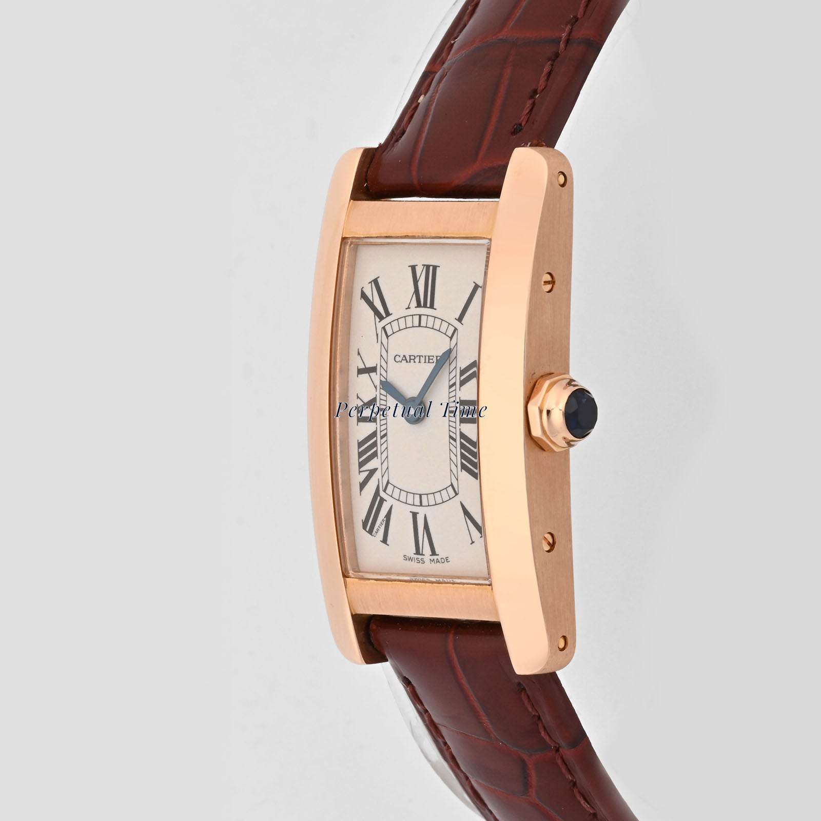 Cartier Tank Americaine Silver Roman Dial on Leather Strap band W2607456