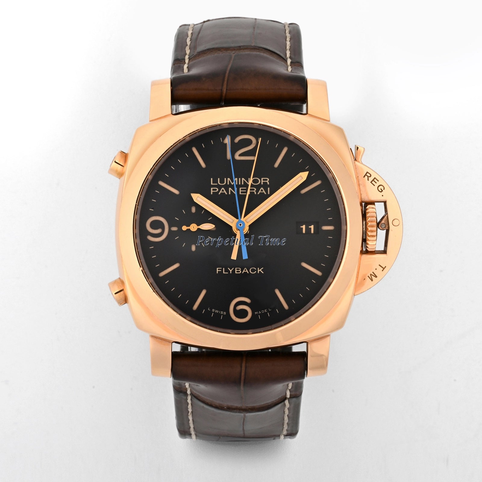 Panerai Luminor Flyback Rose Gold Black Dial on Leather pam50525 Papers Open Date