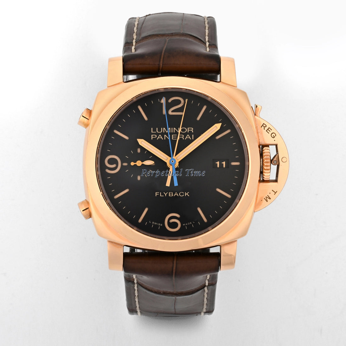Panerai Luminor Flyback Rose Gold Black Dial on Leather pam50525 Papers Open Date