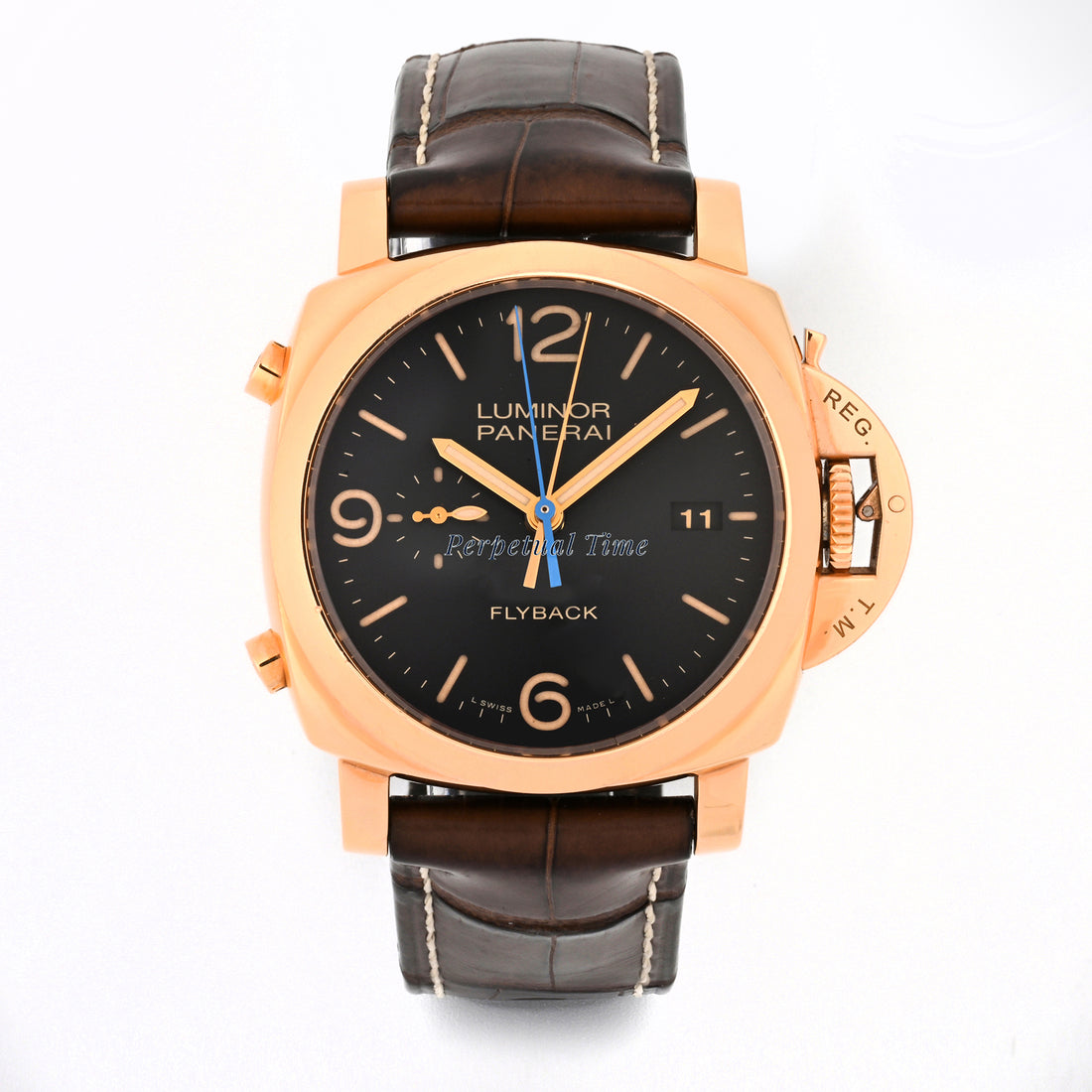 Panerai Luminor Flyback Rose Gold Black Dial on Leather band pam50525 Papers Open Date