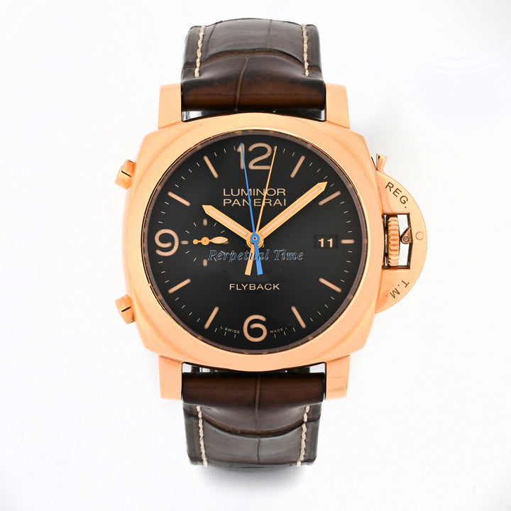 Panerai Luminor Flyback Rose Gold Black Dial on Leather band pam50525 Papers Open Date