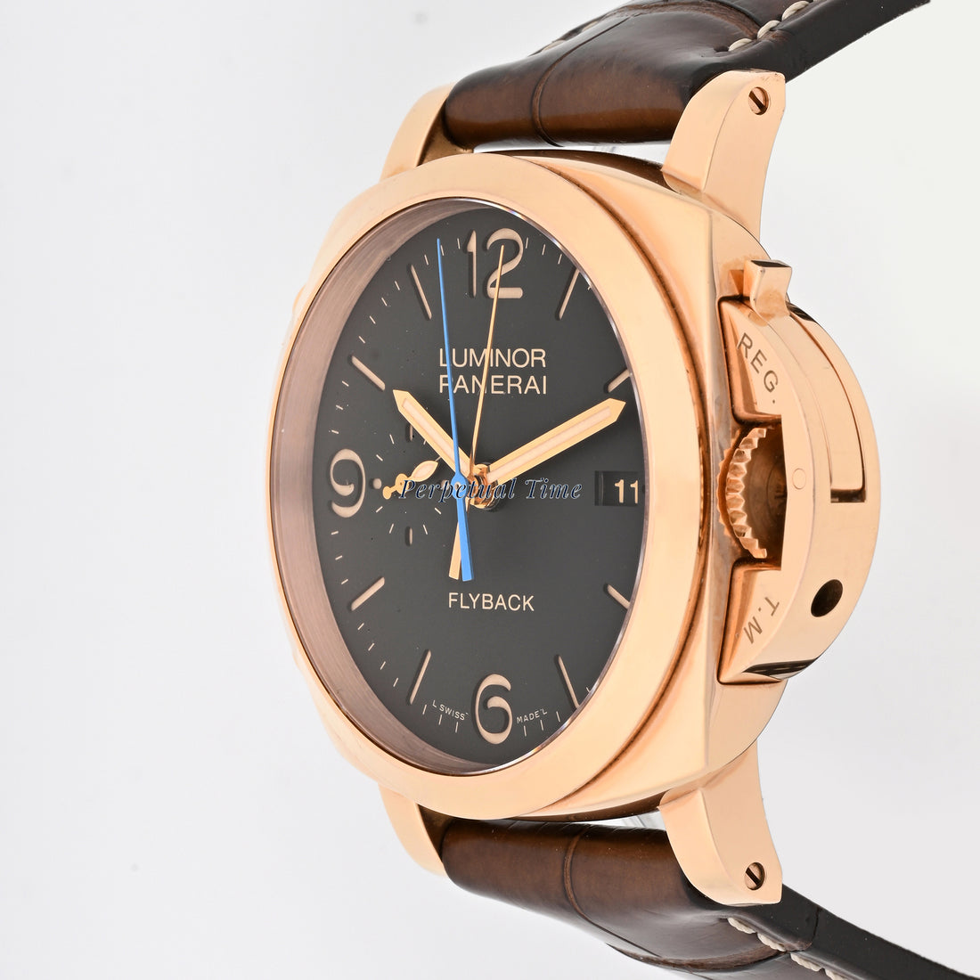 Panerai Luminor Flyback Rose Gold Black Dial on Leather band pam50525 Papers Open Date