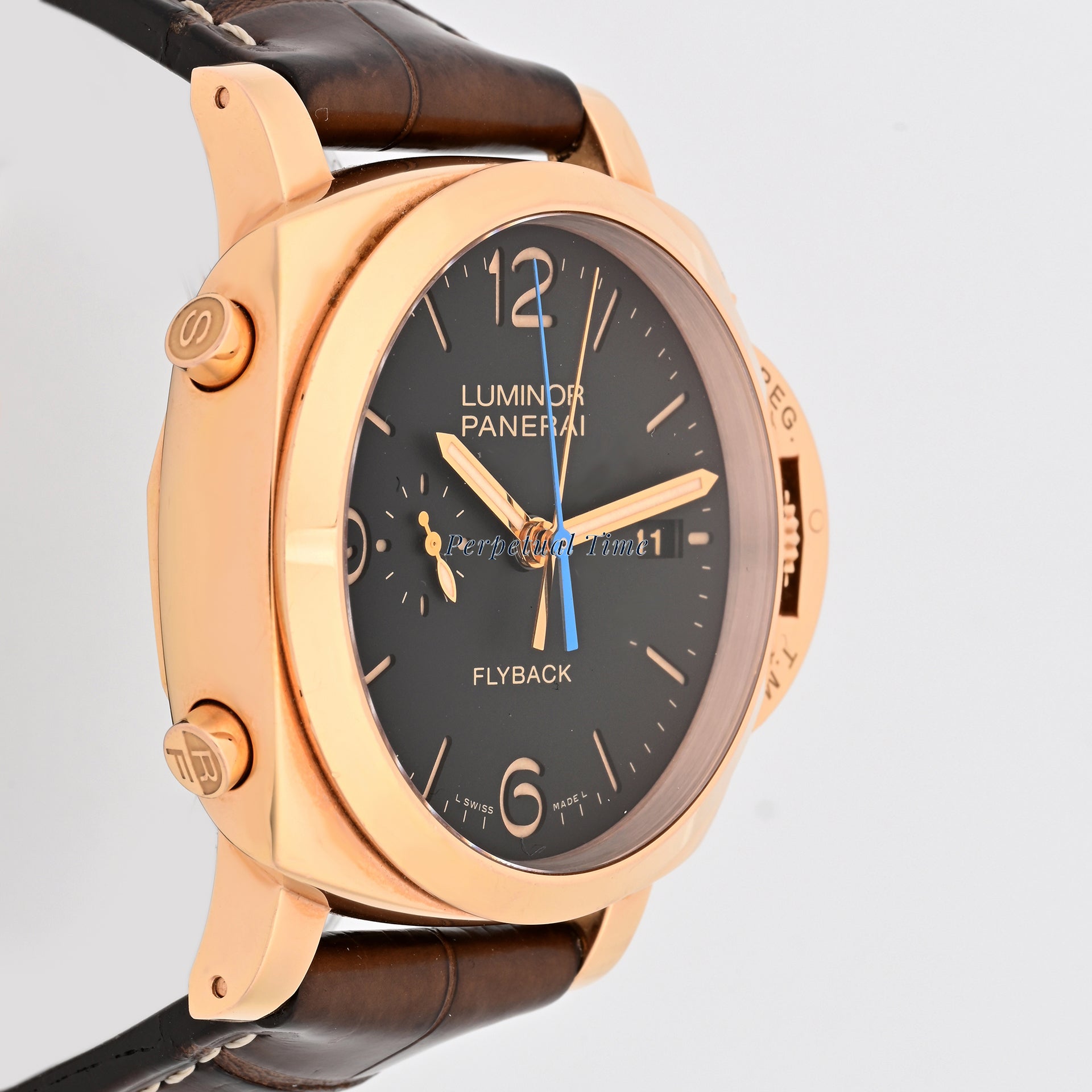 Panerai Luminor Flyback Rose Gold Black Dial on Leather band pam50525 Papers Open Date