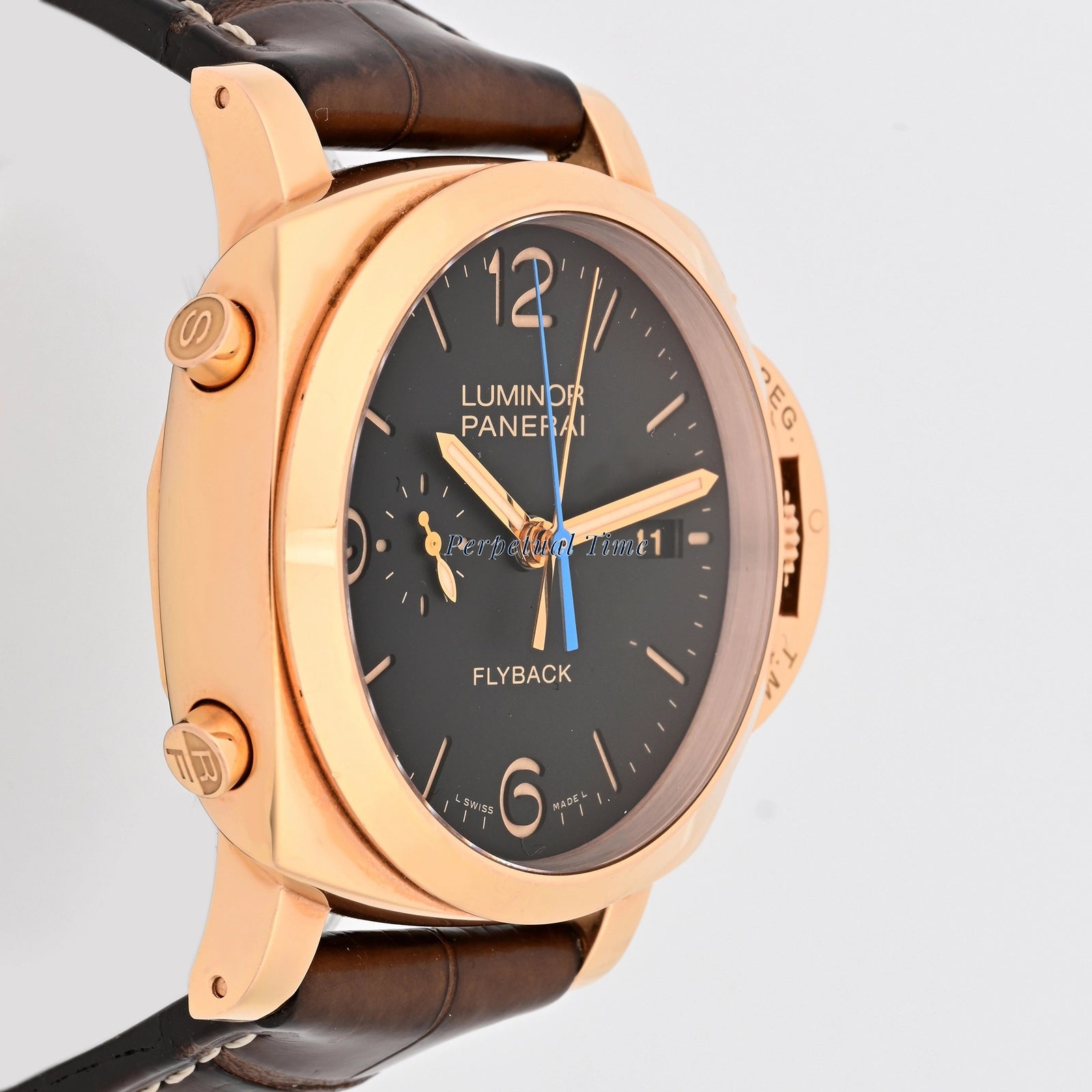 Panerai Luminor Flyback Rose Gold Black Dial on Leather pam50525 Papers Open Date