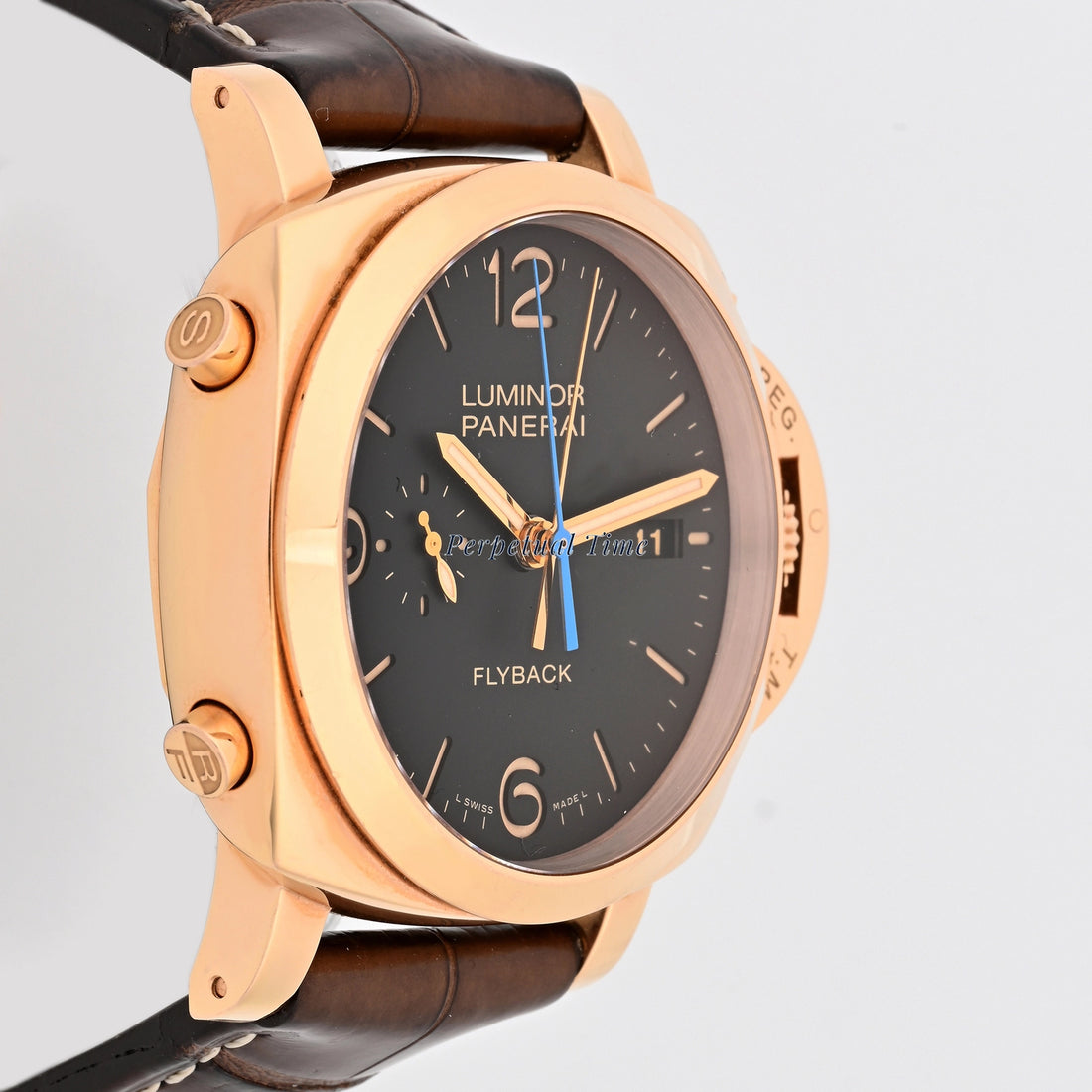 Panerai Luminor Flyback Rose Gold Black Dial on Leather pam50525 Papers Open Date