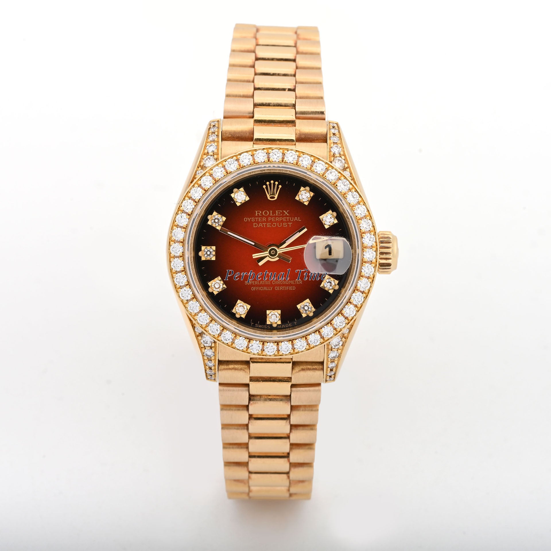 Rolex Lady-Datejust 26mm Red Vignette Diamond Dial Diamond Bezel President 69158 w Papers