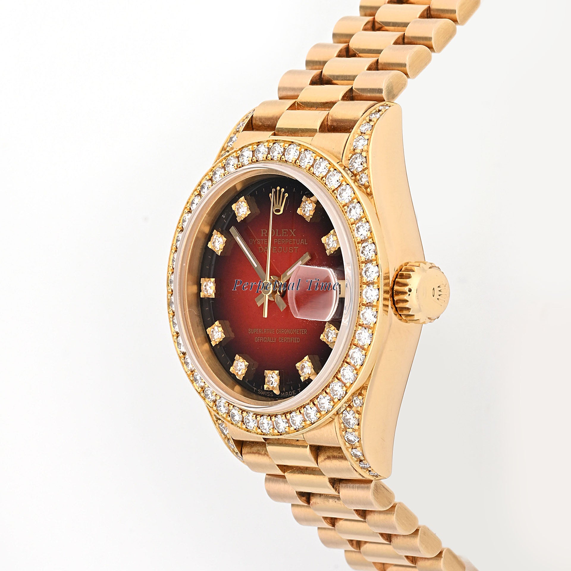 Rolex Lady-Datejust 26mm Red Vignette Diamond Dial Diamond Bezel President 69158 w Papers