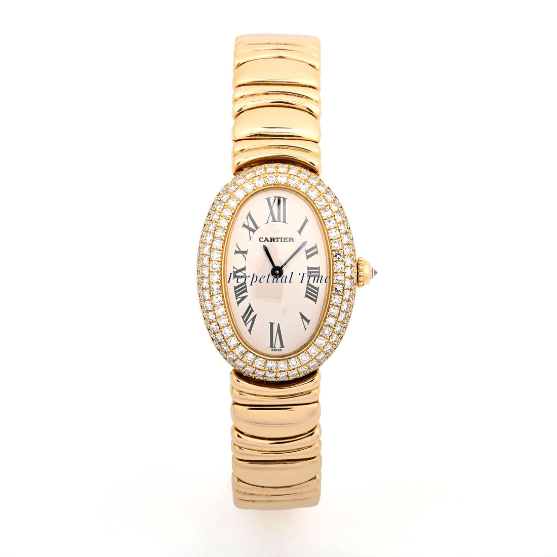 Cartier Baignoire 1954 Yellow Gold Silver Roman Diamond Bezel