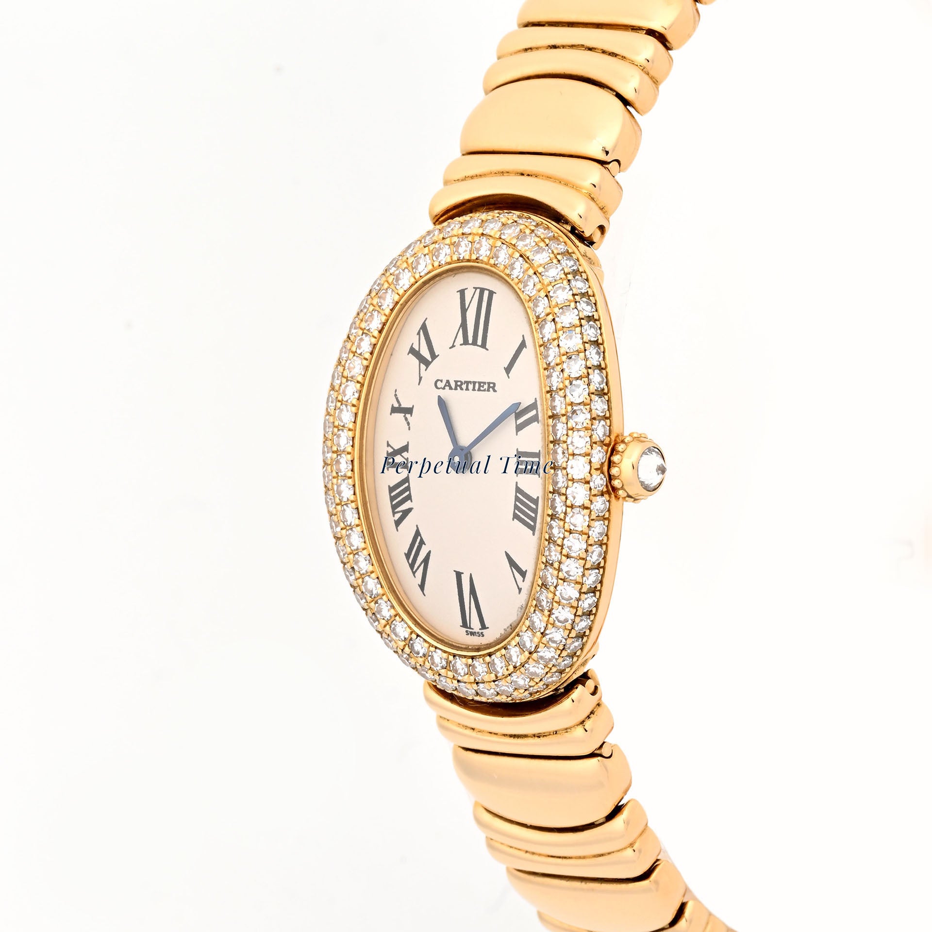 Cartier Baignoire 1954 Yellow Gold Silver Roman Diamond Bezel