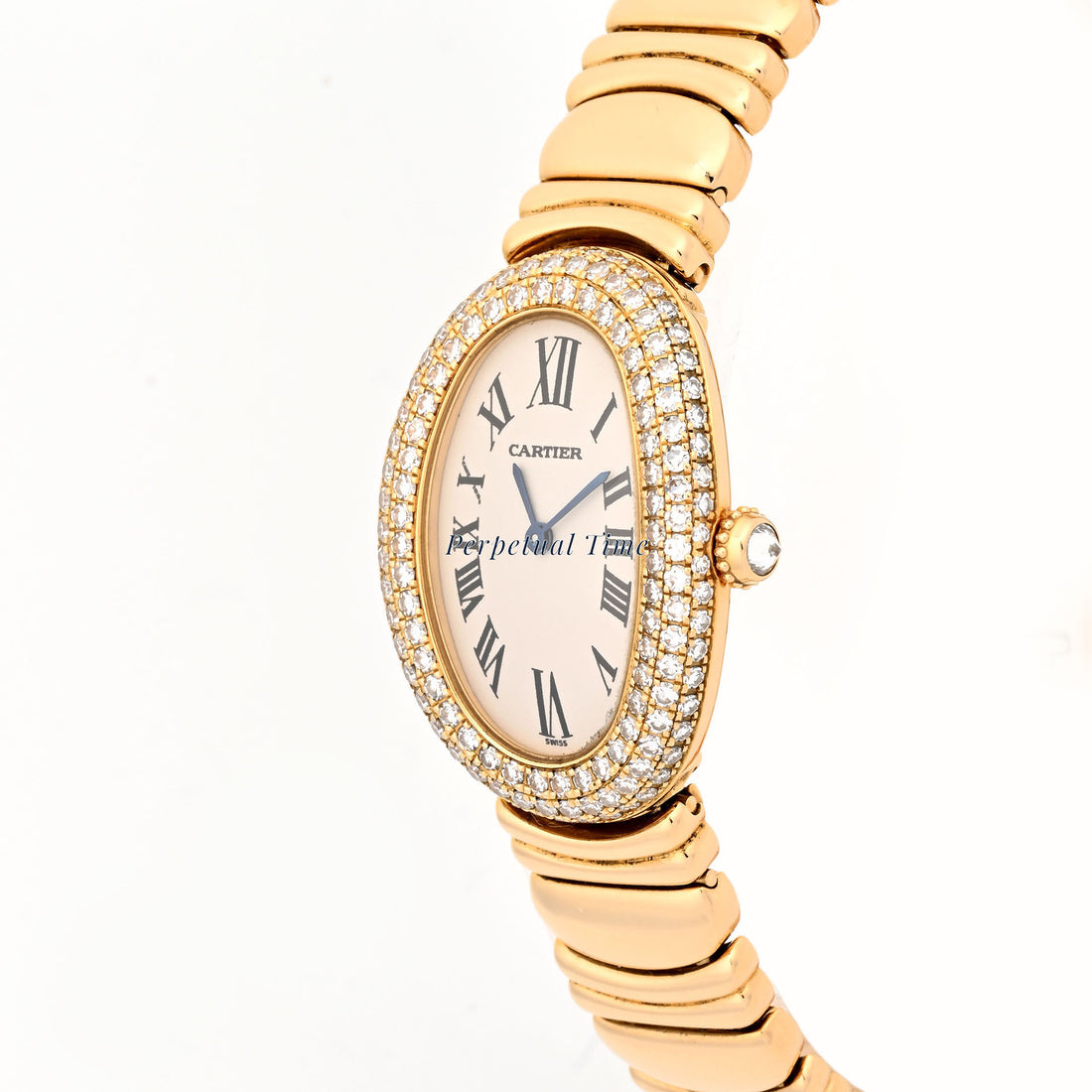Cartier Baignoire 1954 Yellow Gold Silver Roman Diamond Bezel