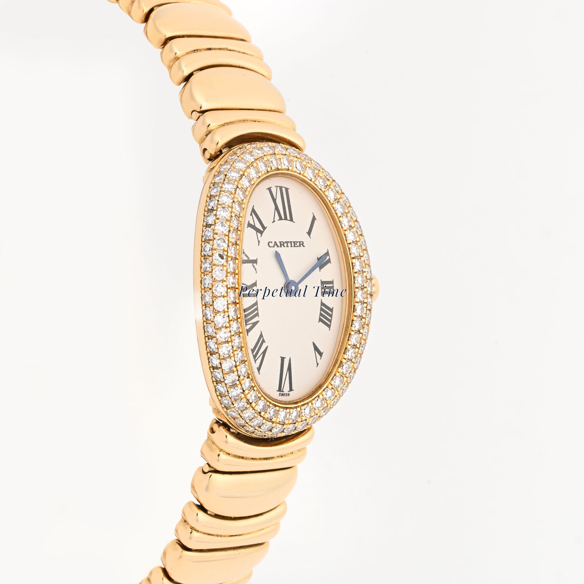 Cartier Baignoire 1954 Yellow Gold Silver Roman Diamond Bezel