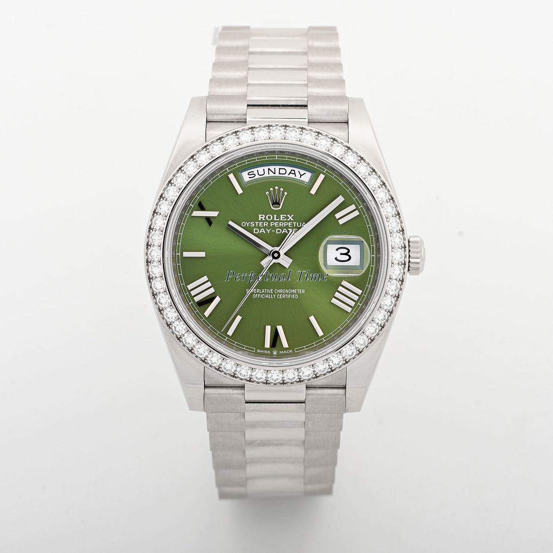Rolex Day-Date 40mm White Gold 228349RBR Green Roman Dial Diamond Bezel President Bracelet Card 2021