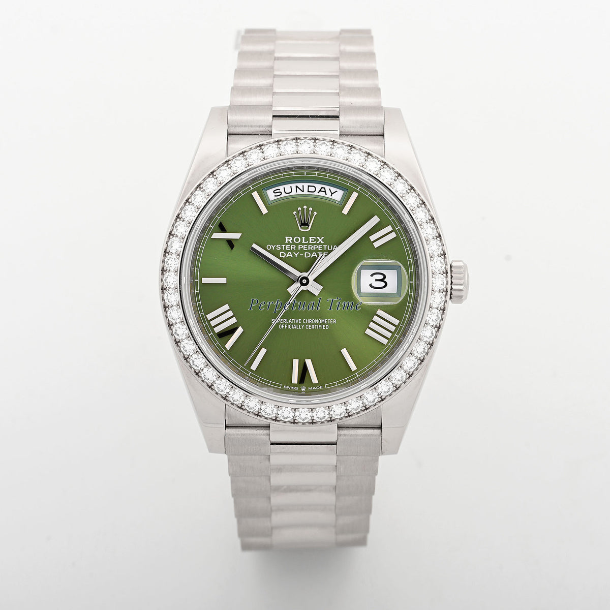 Rolex Day-Date 40mm White Gold 228349RBR Green Roman Dial Diamond Bezel President Bracelet Card 2021