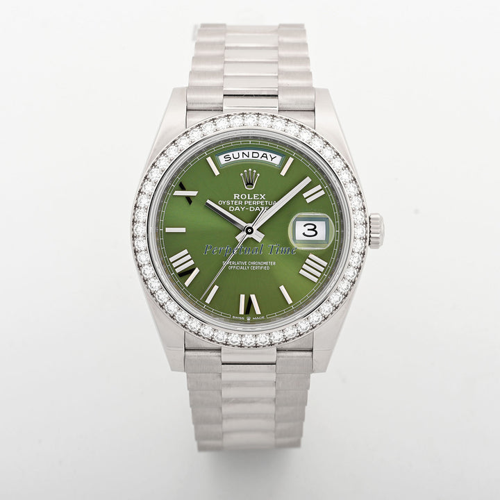 Rolex Day-Date 40mm White Gold 228349RBR Green Roman Dial Diamond Bezel President Bracelet Card 2021