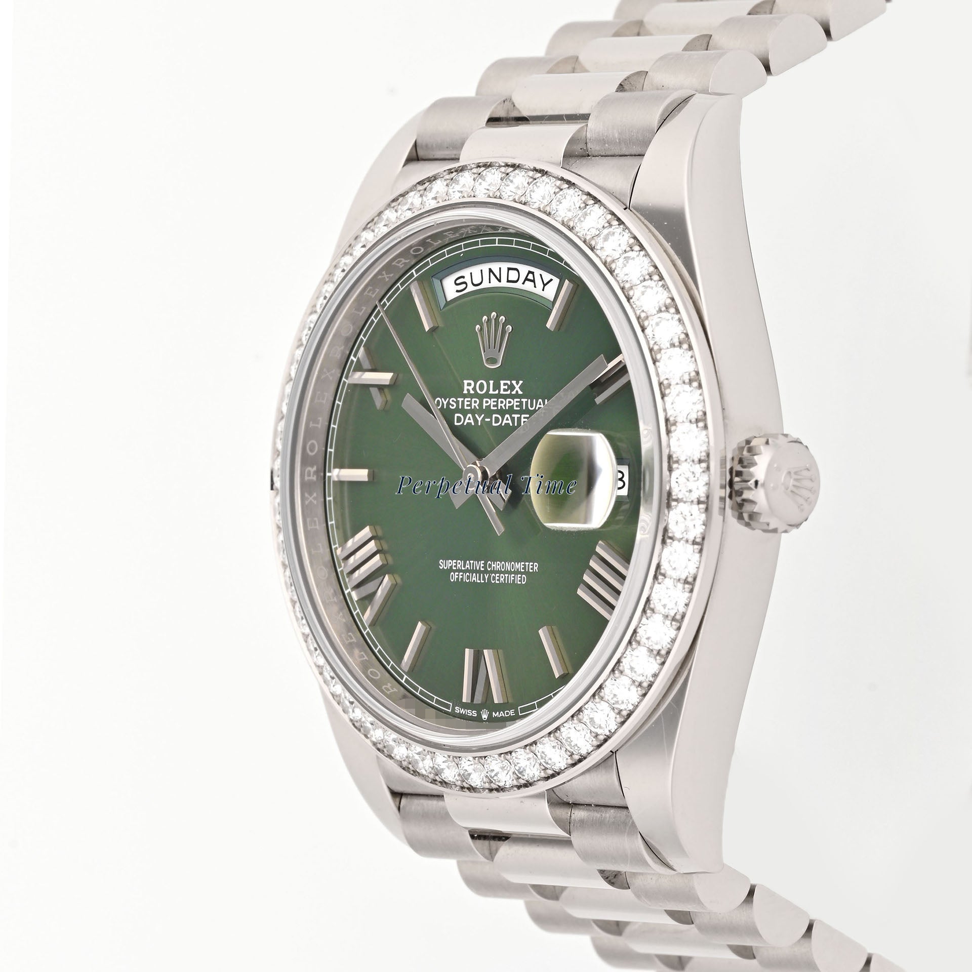 Rolex Day-Date 40mm White Gold 228349RBR Green Roman Dial Diamond Bezel President Bracelet Card 2021