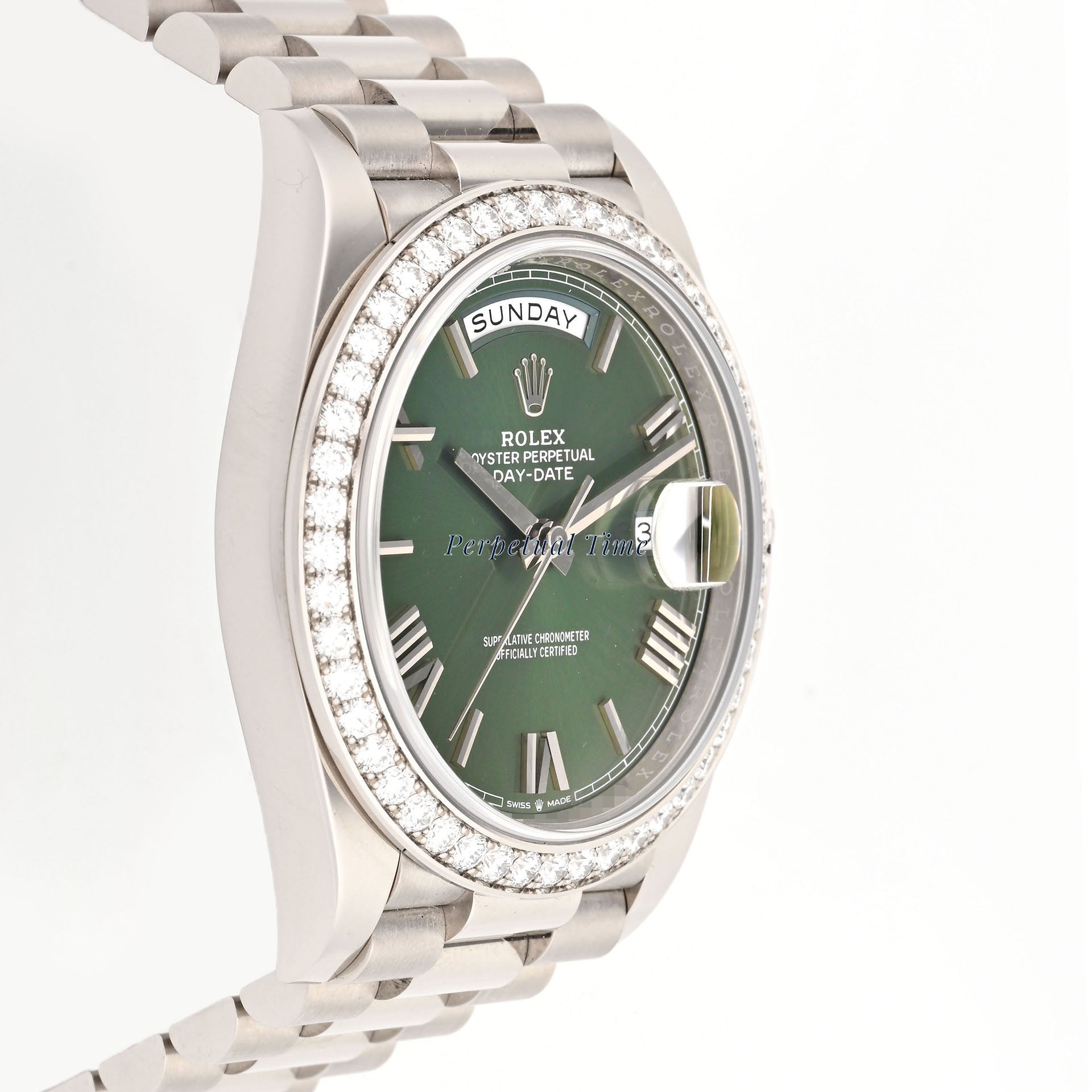 Rolex Day-Date 40mm White Gold 228349RBR Green Roman Dial Diamond Bezel President Bracelet Card 2021