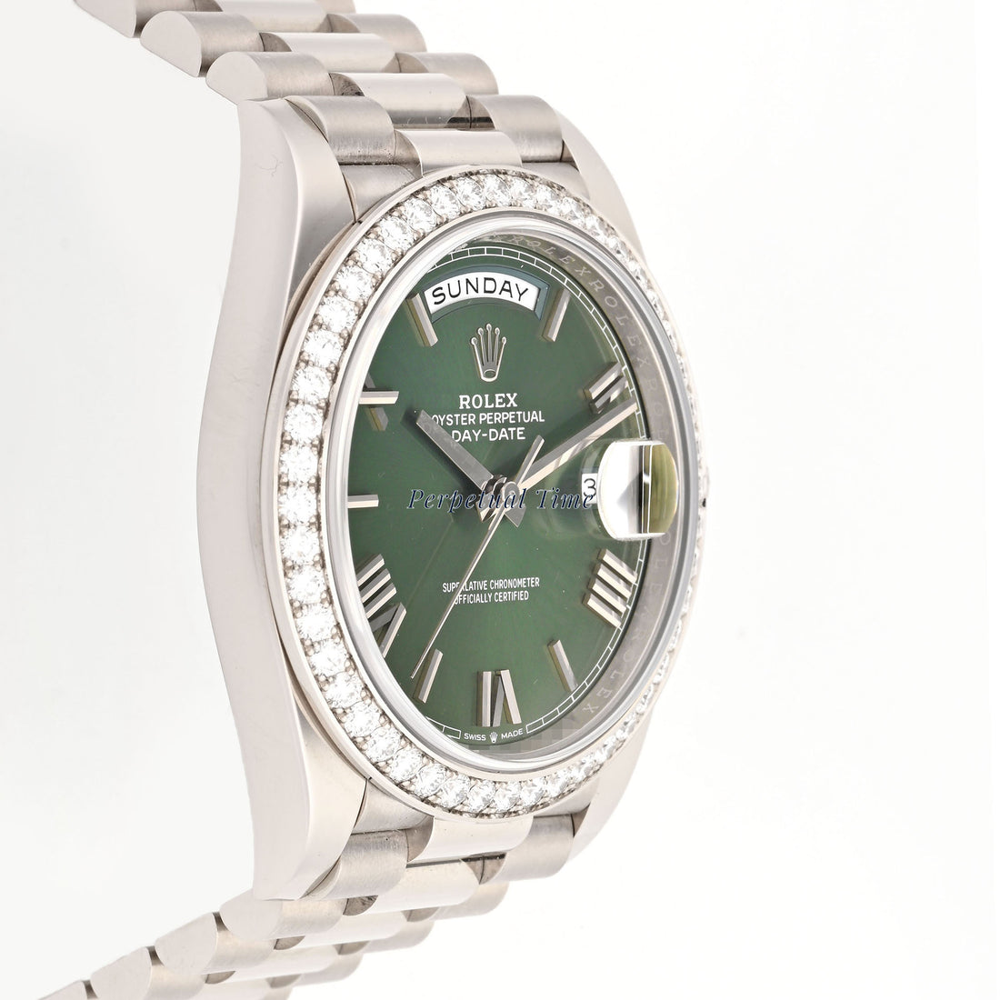 Rolex Day-Date 40mm White Gold 228349RBR Green Roman Dial Diamond Bezel President Bracelet Card 2021