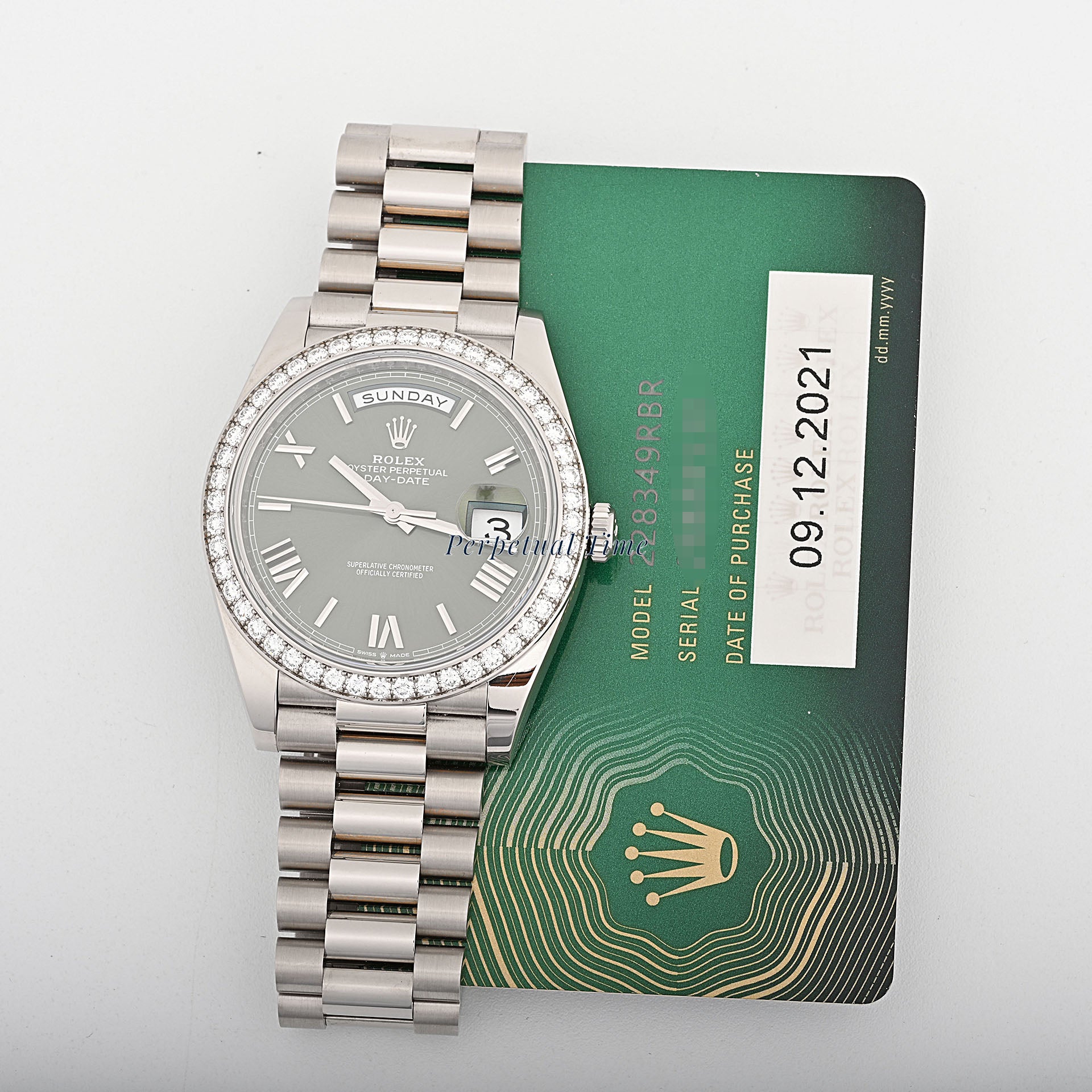 Rolex Day-Date 40mm White Gold 228349RBR Green Roman Dial Diamond Bezel President Bracelet Card 2021