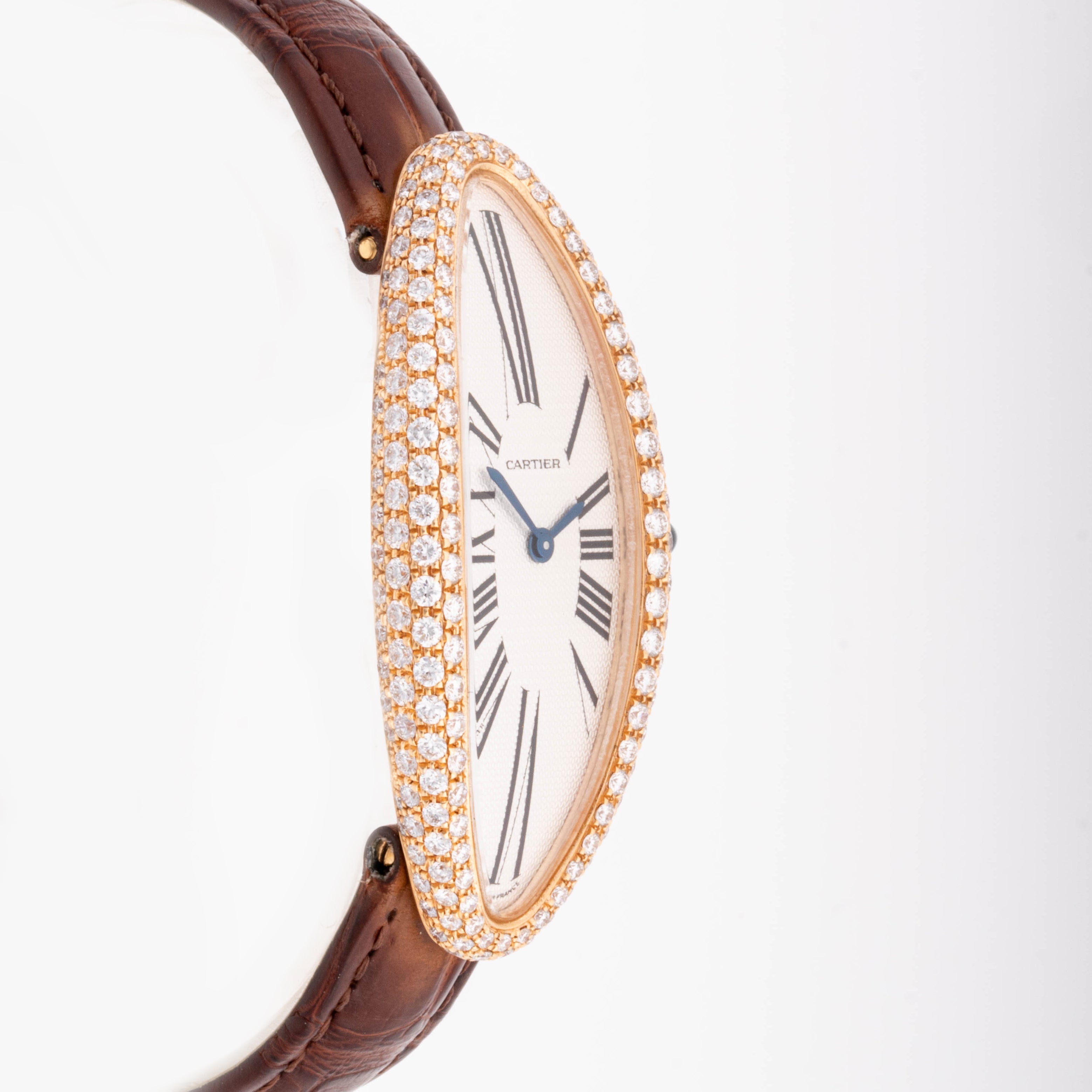 Cartier Baignoire Allongée 21 mm x 47 mm Rose Gold 2606 Silver  Dial | Roman Numerals hour markers, Diamond bezel