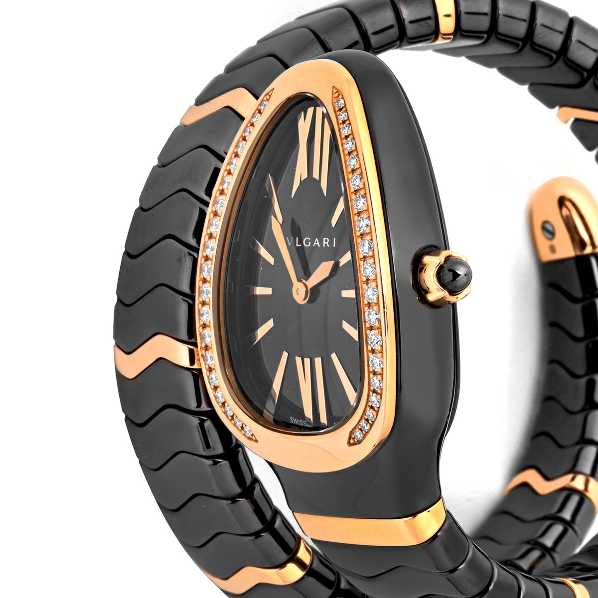 Bvlgari Serpenti Black Ceramic & Rose Gold Black Dial One Row SPC35BG