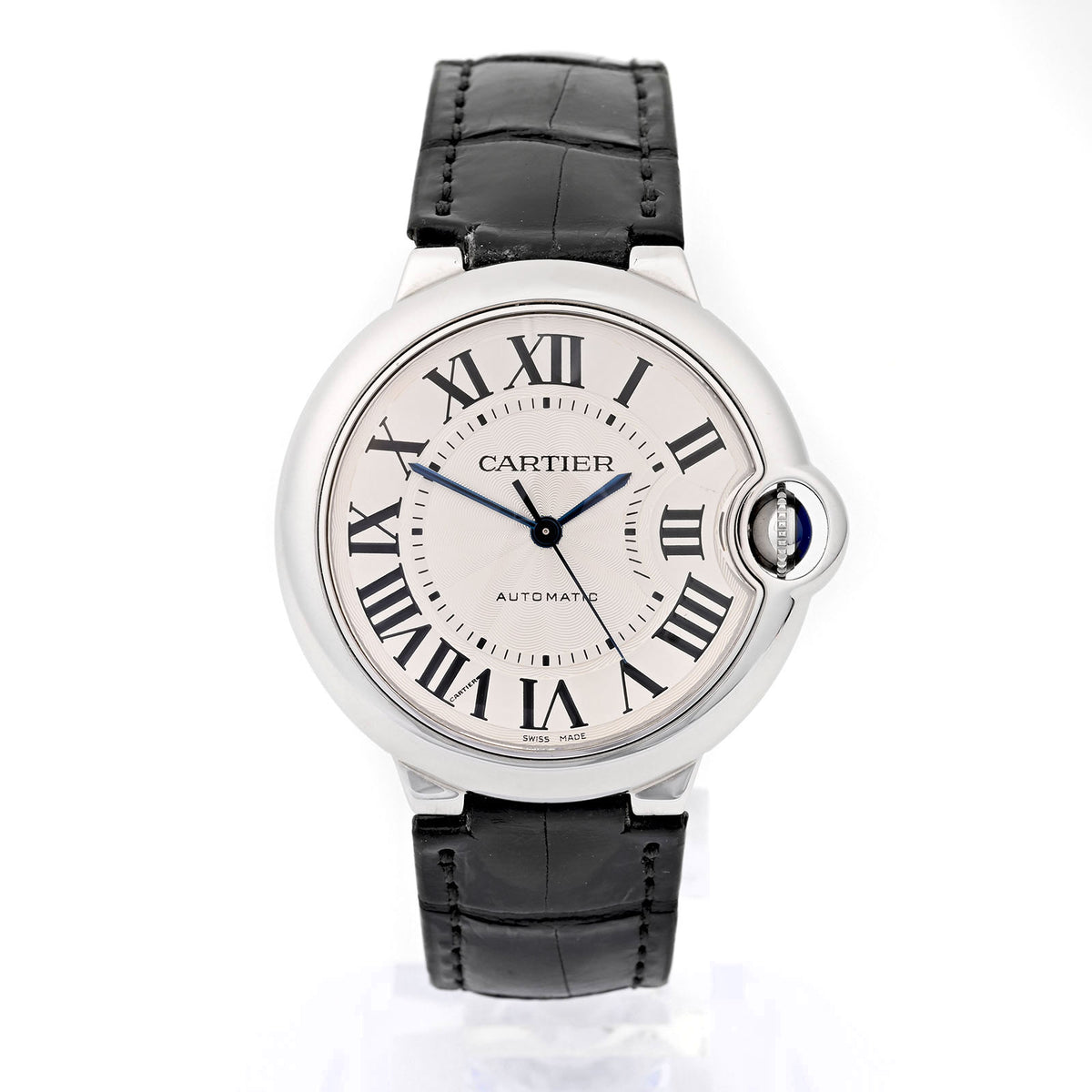 Cartier Ballon Bleu 36mm Stainless Steel Silver Roman Black Leather Band With Deployment Buckle W6920046