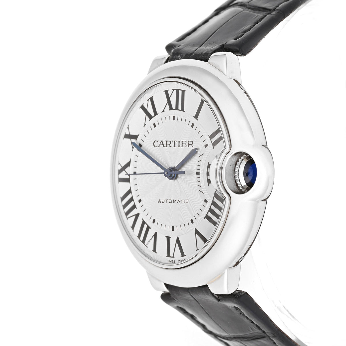 Cartier Ballon Bleu 36mm Stainless Steel Silver Roman Black Leather Band With Deployment Buckle W6920046
