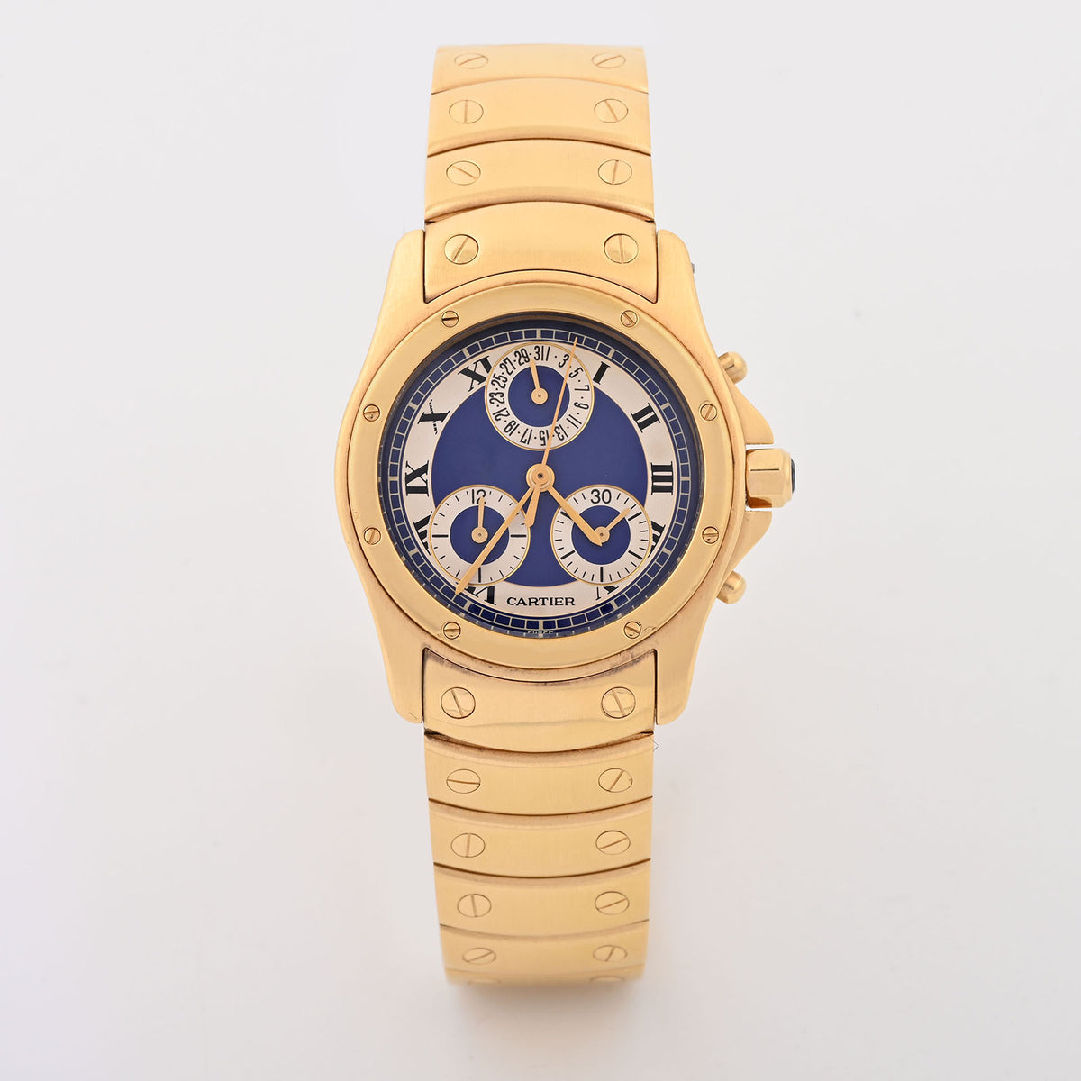 Cartier Santos Ronde Chronograph 29mm Yellow Gold Blue Roman Dial W15078G1
