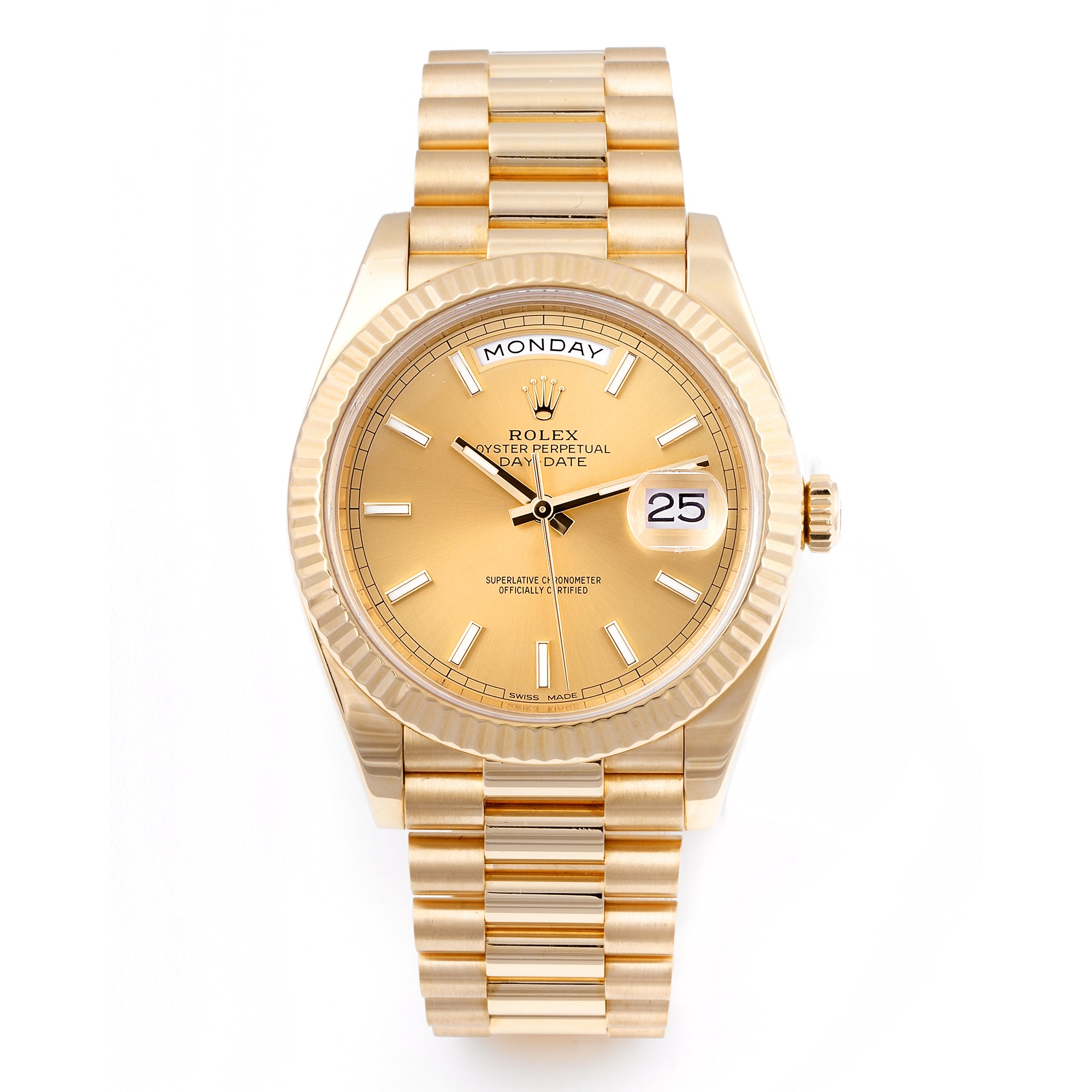 Rolex Day-Date 40 Yellow Gold 228238 Champagne Dial | Index hour markers, Fluted bezel