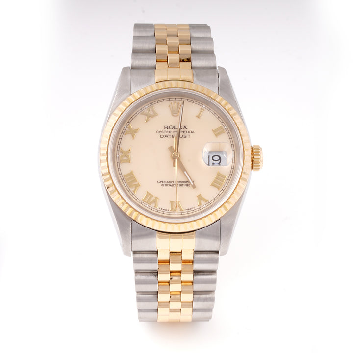 Rolex Datejust 36mm Stainless Steel & Yellow Gold 16233 Cream Dial | Roman hour markers, Fluted bezel