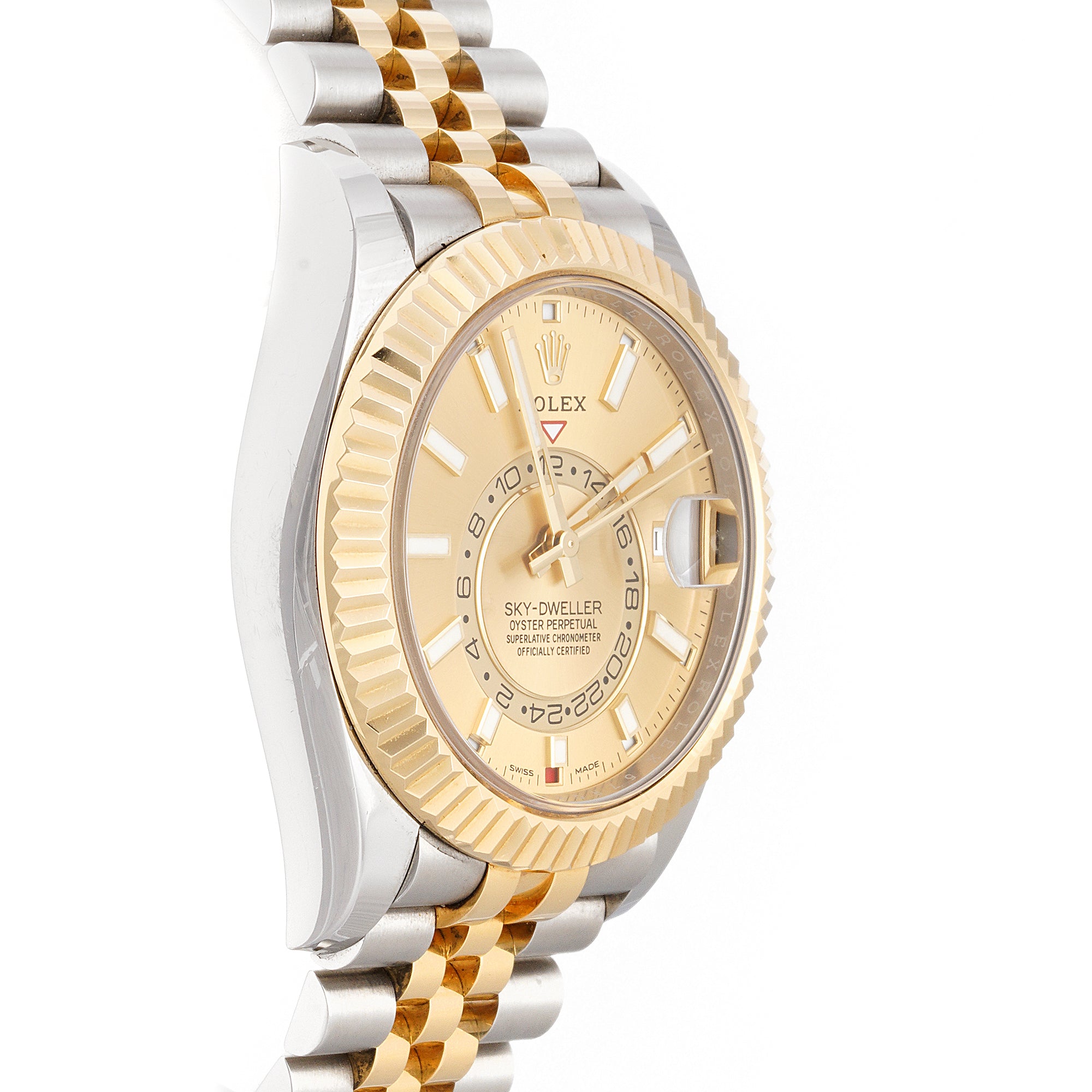 Rolex Sky-Dweller 42mm Stainless Steel & Yellow Gold 326933 Champagne Dial | Index hour markers, Fluted bezel