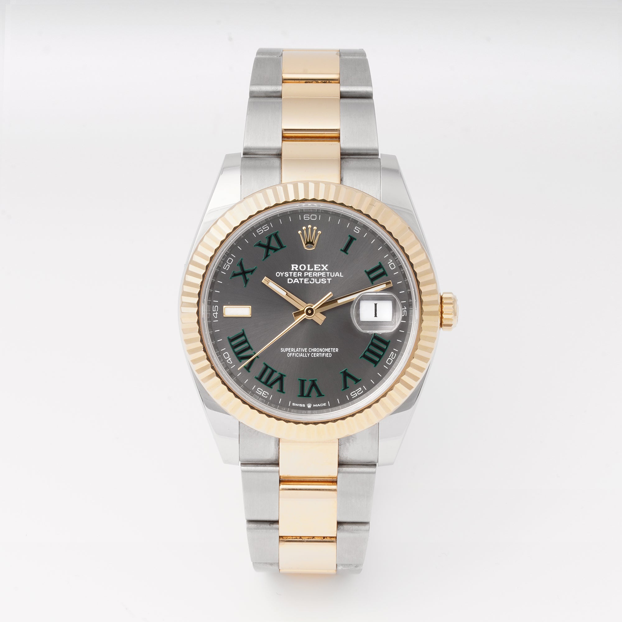 Rolex Datejust  41mm Stainless Steel & Yellow Gold 126333 Wimbledon Dial | Roman Numerals hour markers, Fluted bezel