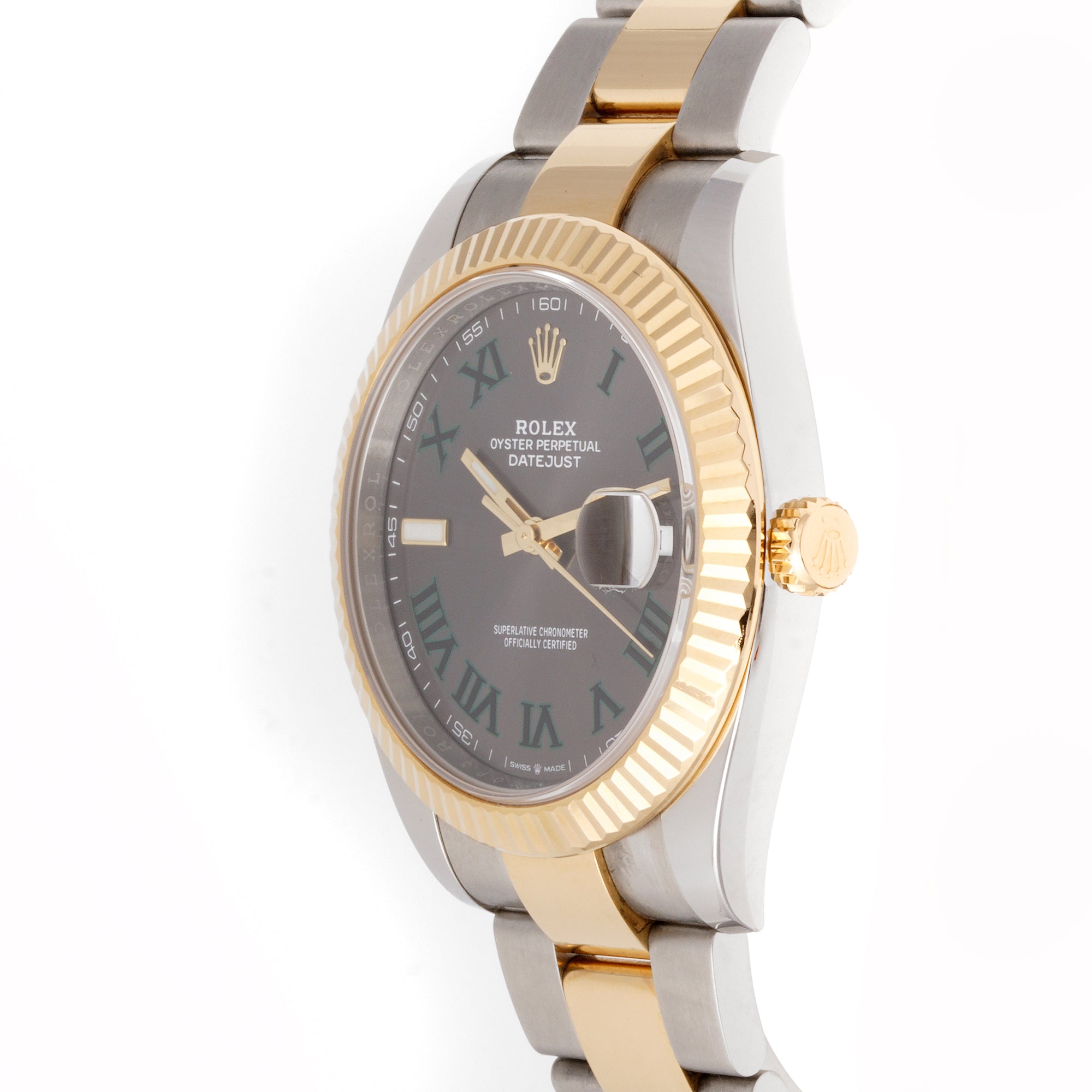Rolex Datejust  41mm Stainless Steel & Yellow Gold 126333 Wimbledon Dial | Roman Numerals hour markers, Fluted bezel