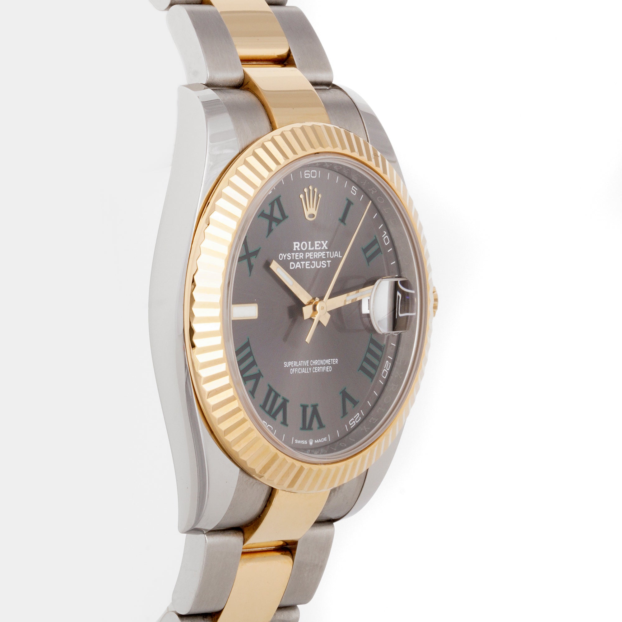 Rolex Datejust  41mm Stainless Steel & Yellow Gold 126333 Wimbledon Dial | Roman Numerals hour markers, Fluted bezel