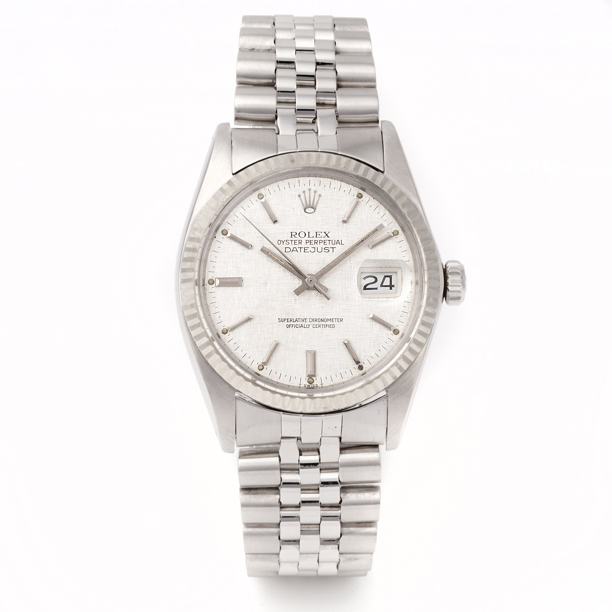 Rolex Datejust 36mm Stainless Steel & White Gold 16014 Silver Linen Dial | Stick hour markers, Fluted bezel