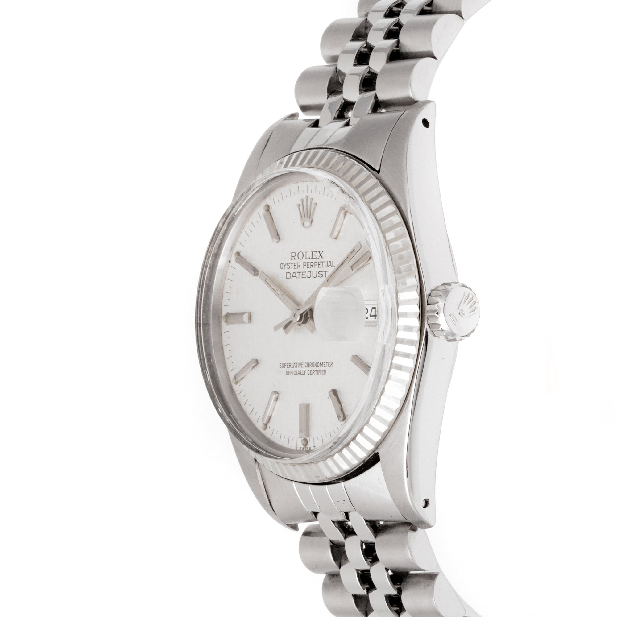 Rolex Datejust 36mm Stainless Steel & White Gold 16014 Silver Linen Dial | Stick hour markers, Fluted bezel