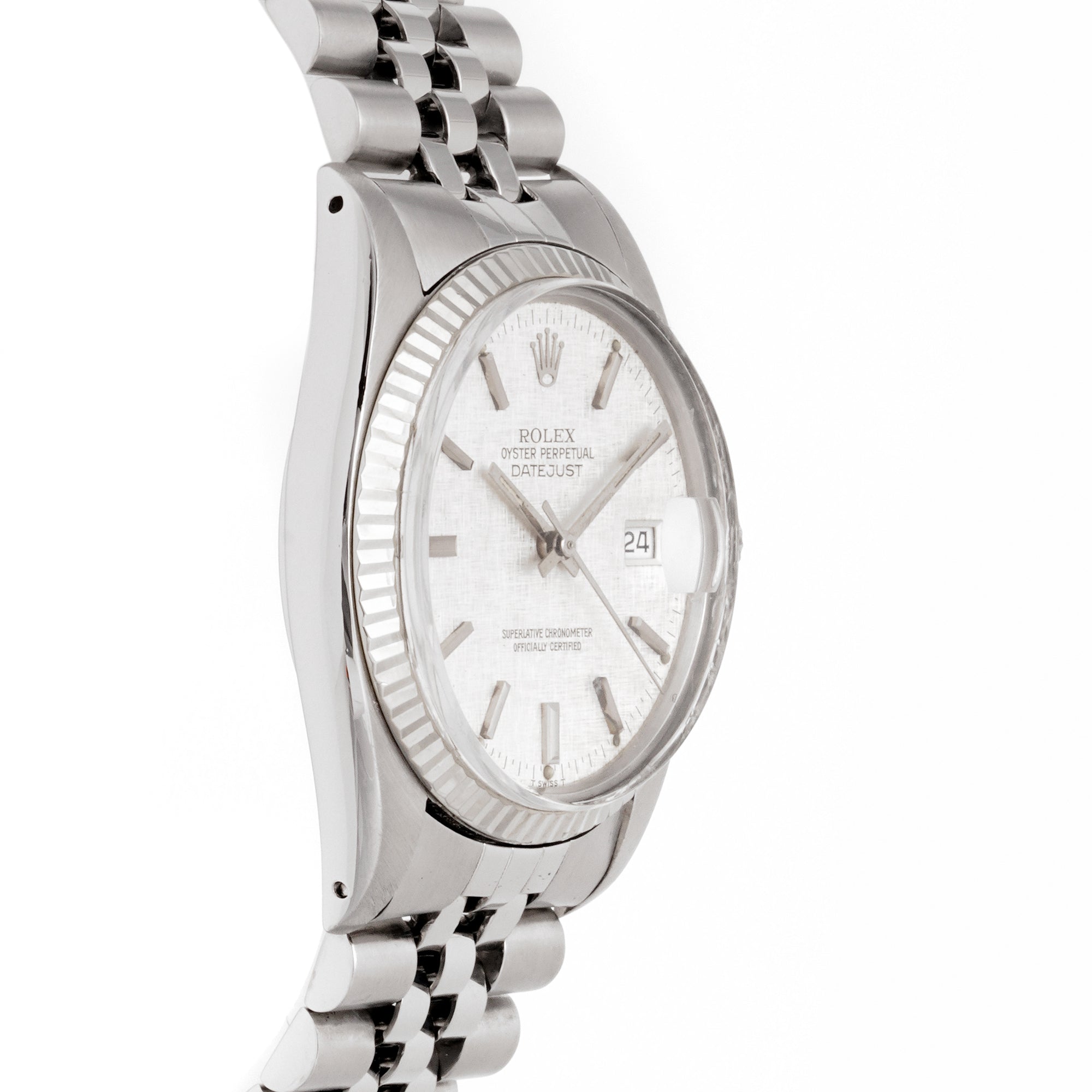 Rolex Datejust 36mm Stainless Steel & White Gold 16014 Silver Linen Dial | Stick hour markers, Fluted bezel